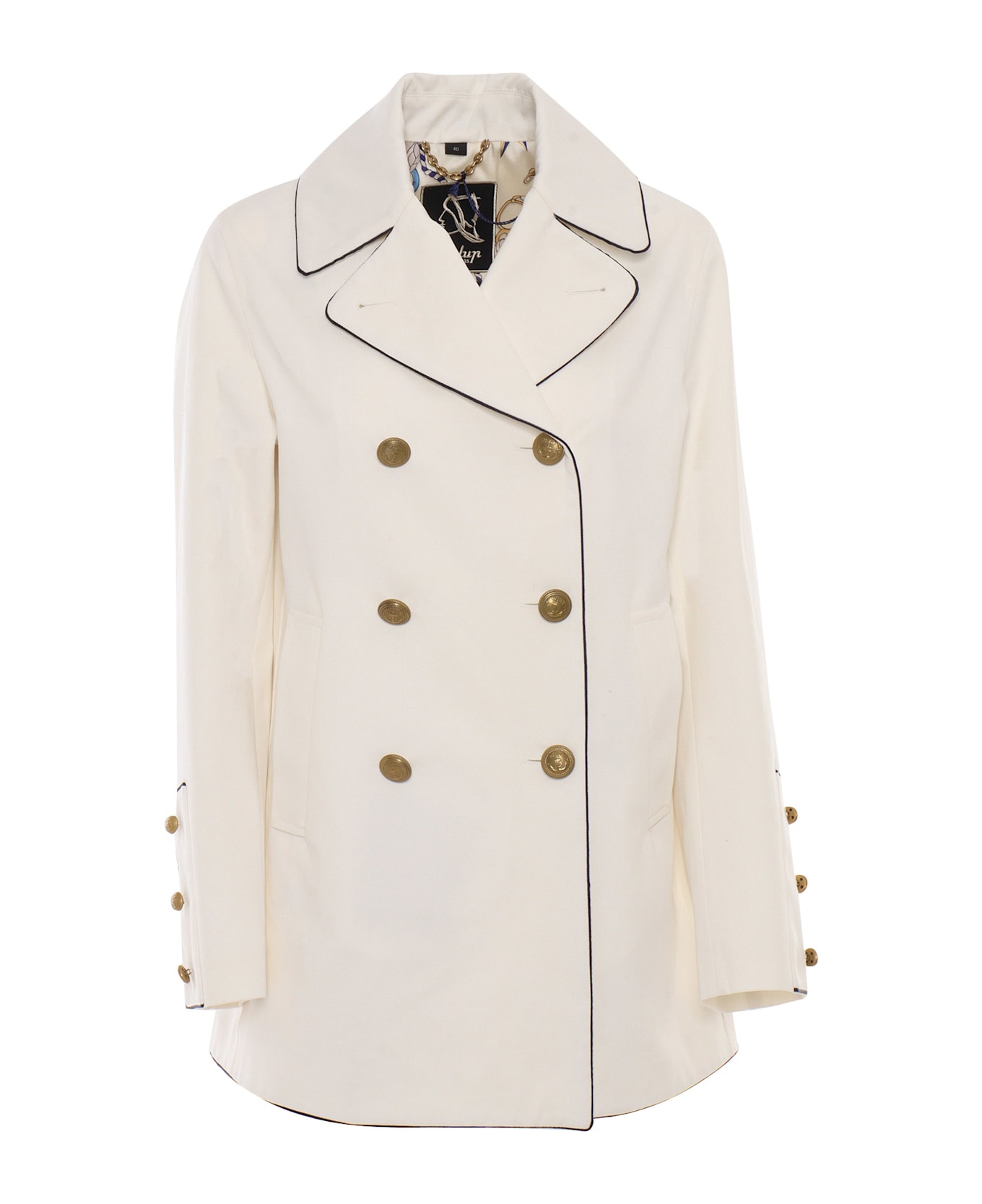 Sealup Dahlia Peacoat, Inner Navy Blue Piping, Branded Brass Button - WHITE コート