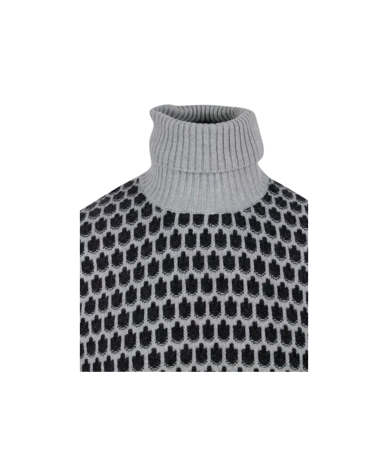 Kiton Long-sleeved Turtleneck Sweater In 100% Pure Cashmere Bicolor - Grey