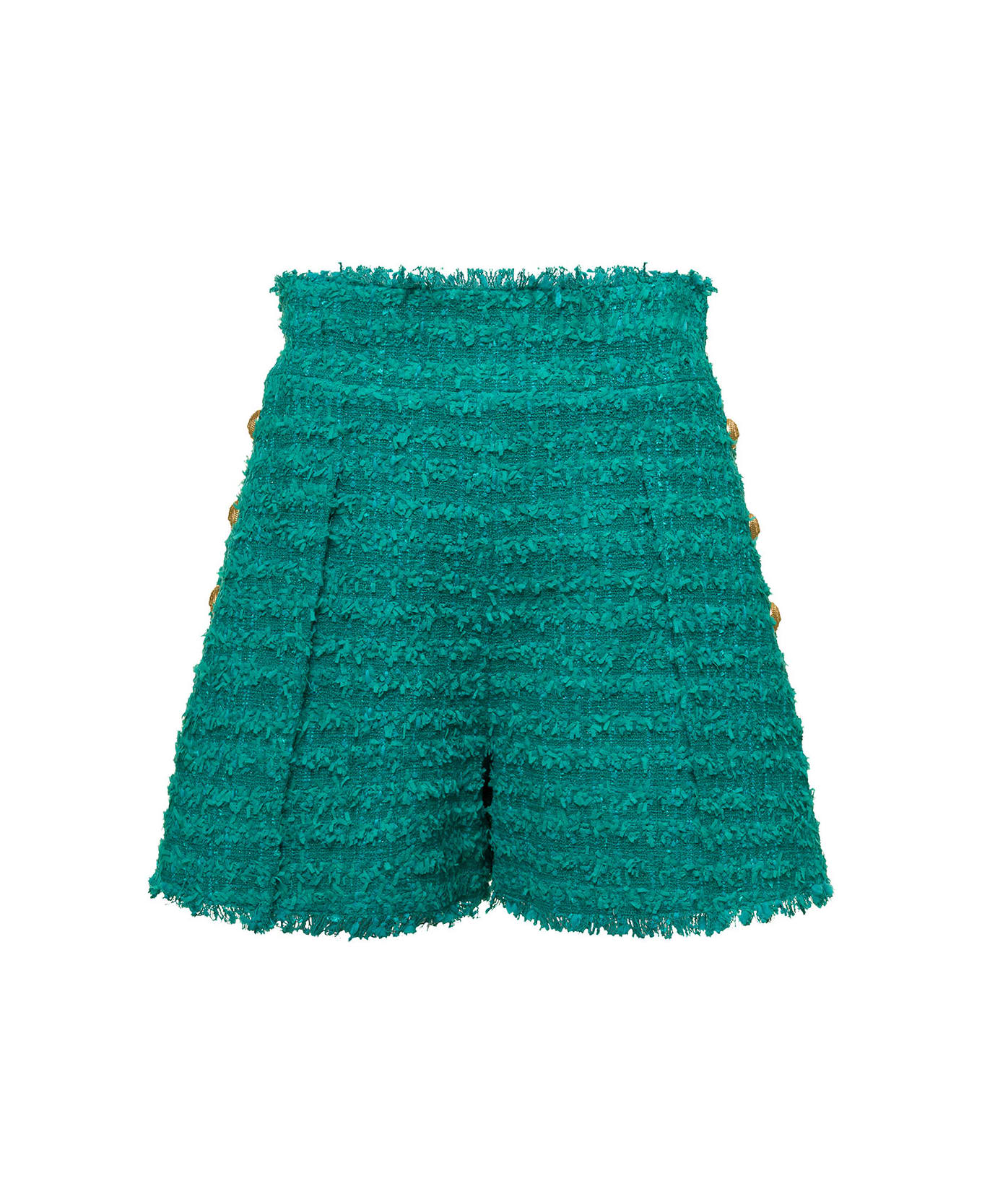 Balmain Green Shorts High Waist With Pinces And Fringed Hem In Tweed Woman - Green