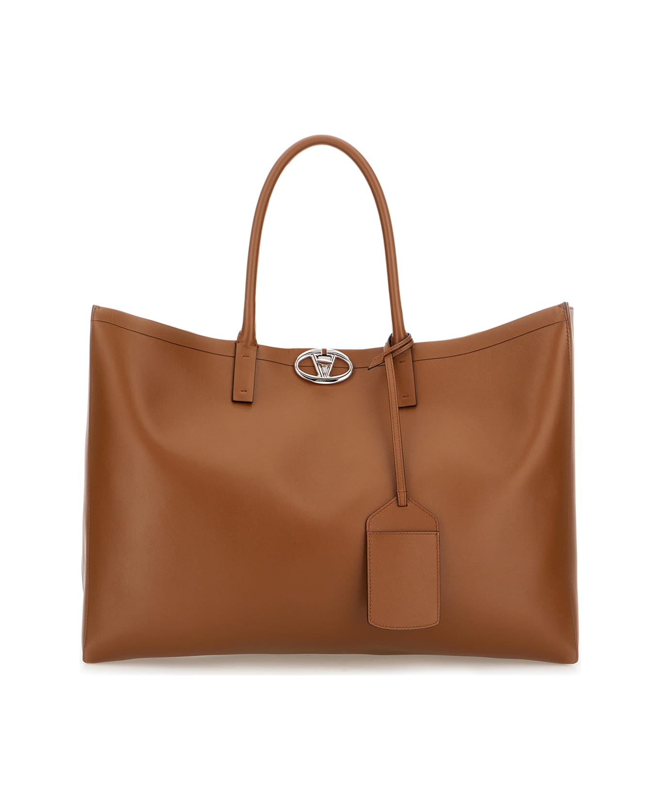 Valentino Garavani Brown Leather Medium Vlogo Locker Shopping Bag - Tabacco