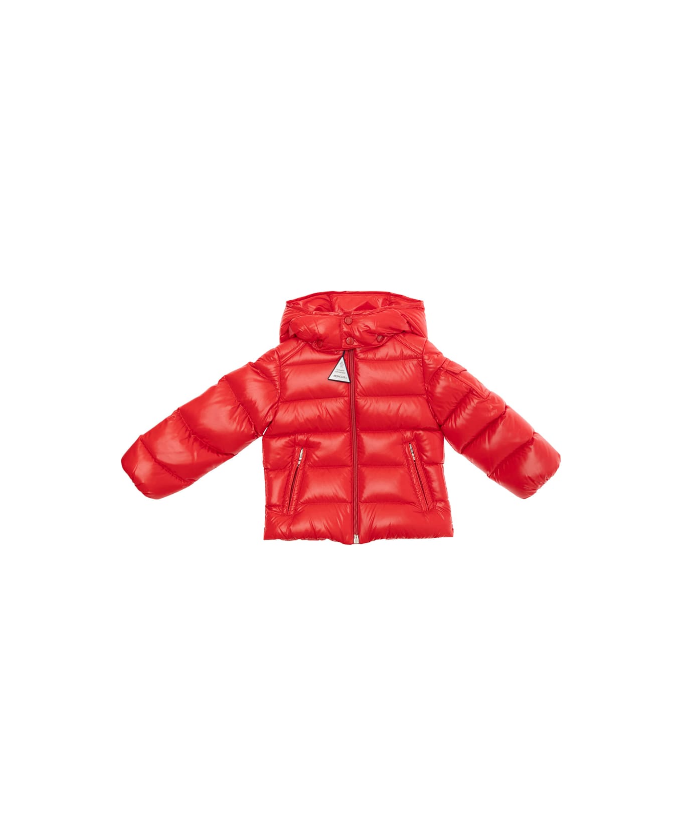 Moncler 'maya' Red Down Jacket With Hood And Logo Patch On The Sleeve In Tech Fabric Baby - Red