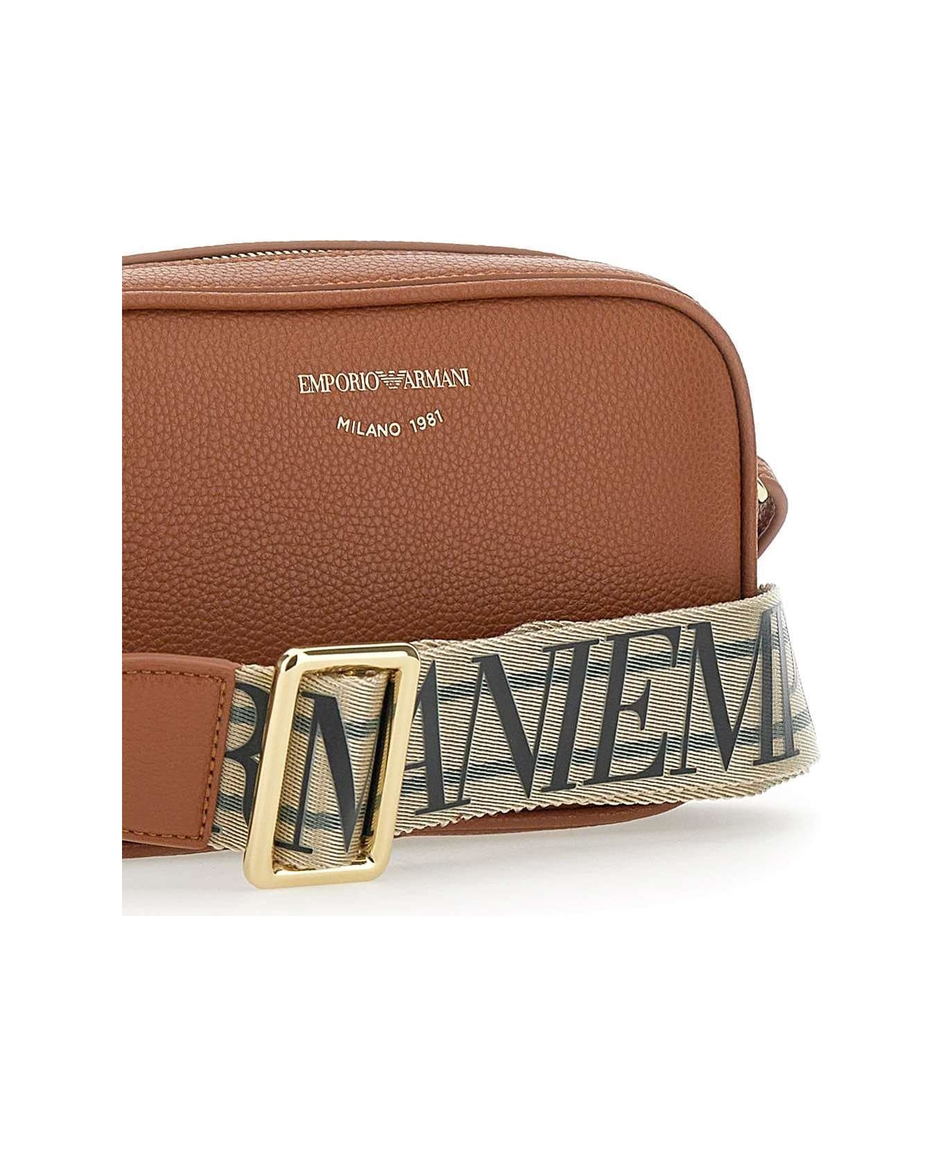 Emporio Armani Logo Detailed Zip-up Crossbody Bag - Leather Brown
