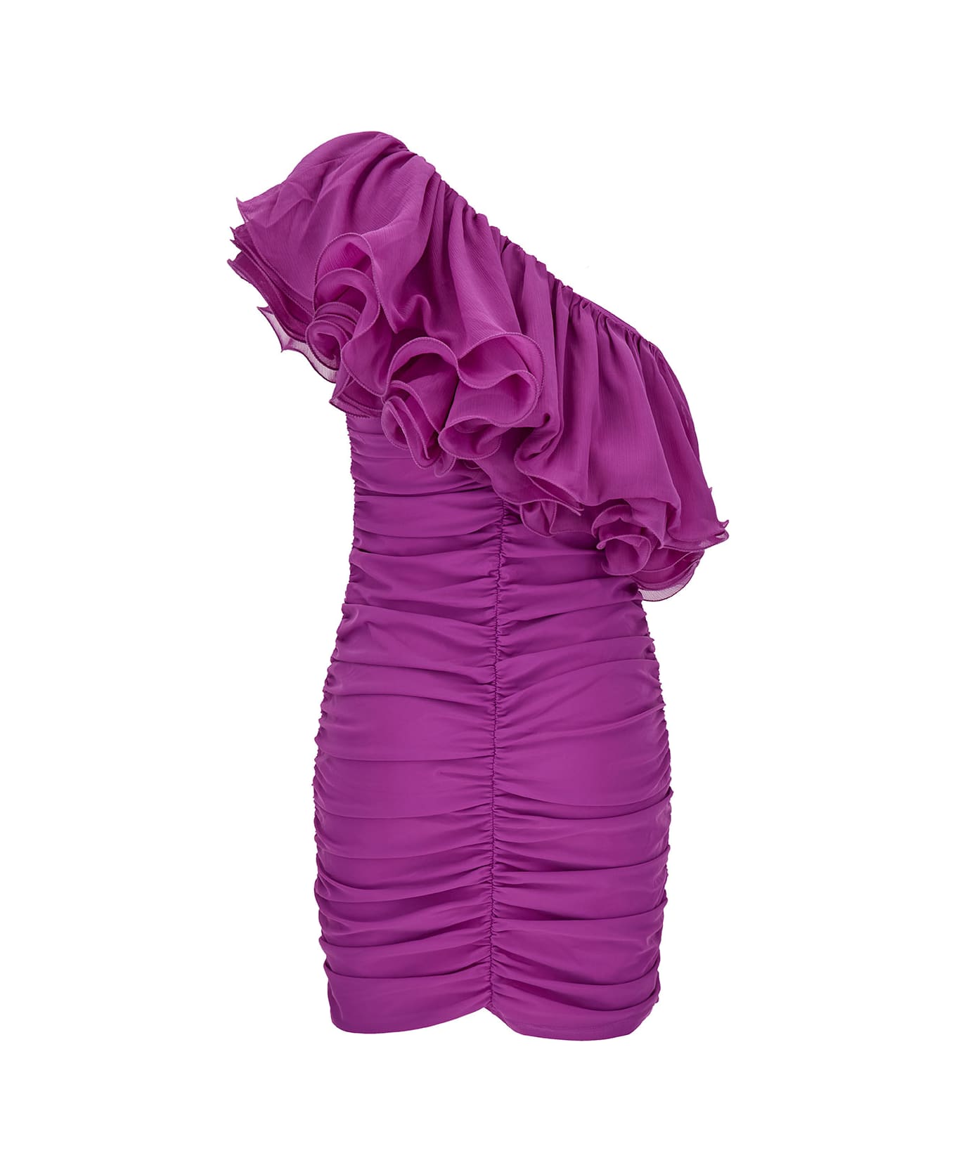 Rotate by Birger Christensen Mini Pink Asymmetric Dress With Volant In Polyamide Blend Woman - Violet