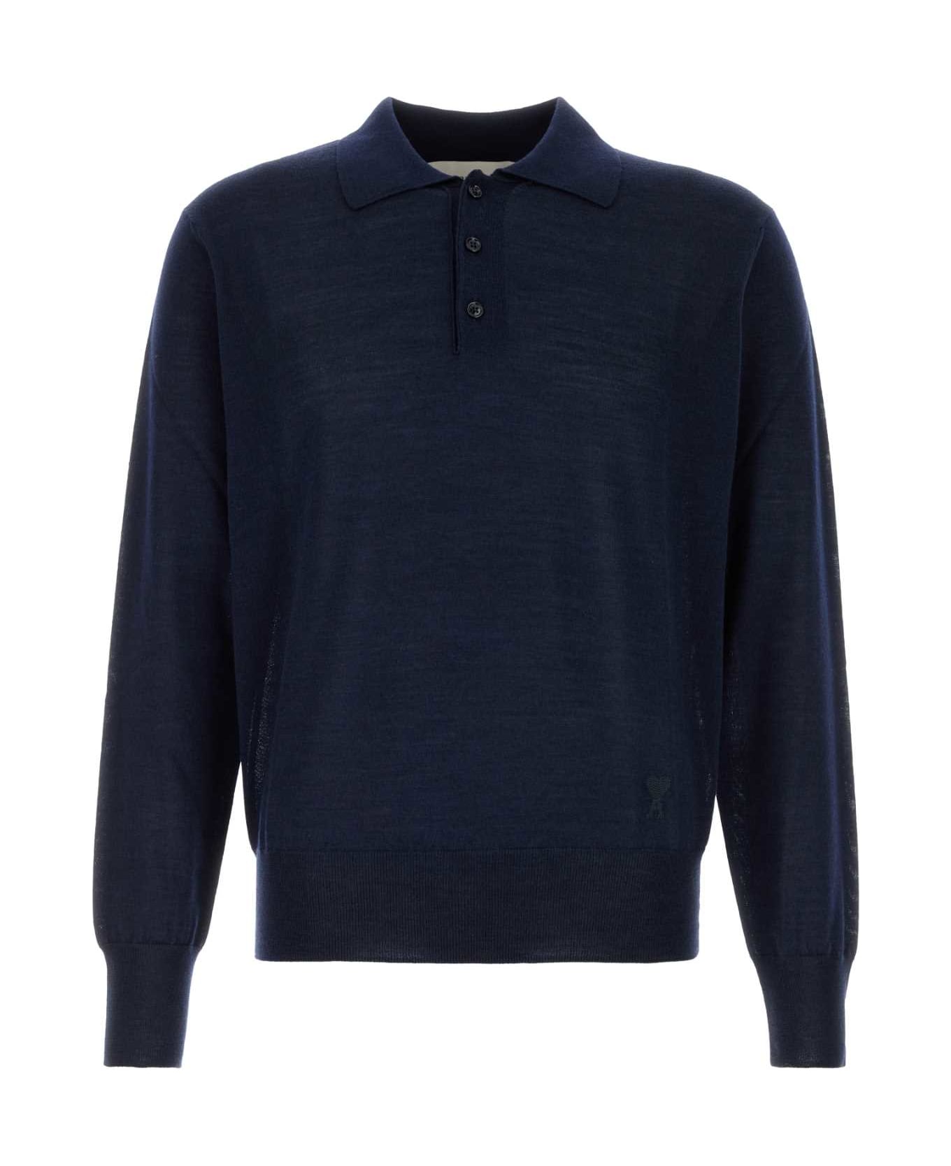 Ami Alexandre Mattiussi Dark Blue Wool Blend Polo Shirt - NAVYBLUE