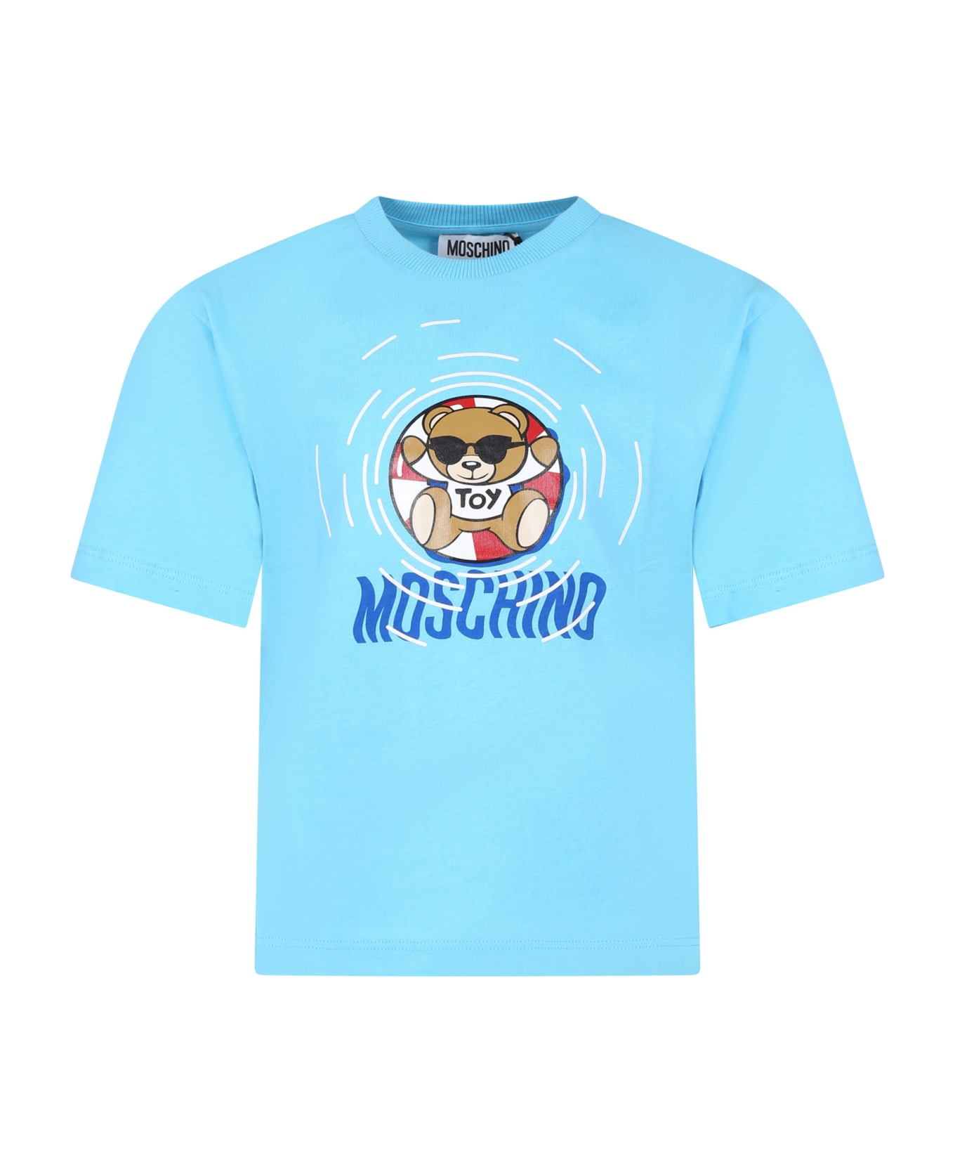 Moschino Light Blue T-shirt For Boy With Multicolored Print And Teddy Bear - Light Blue Tシャツ＆ポロシャツ