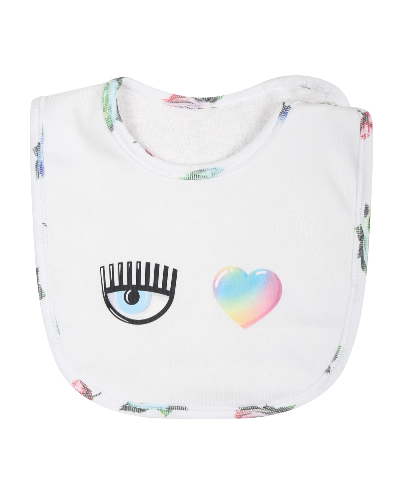 Chiara Ferragni Pink Playsuit For Baby Girl With Flirting Eyes And Multicolor Roses - White ボディスーツ＆セットアップ