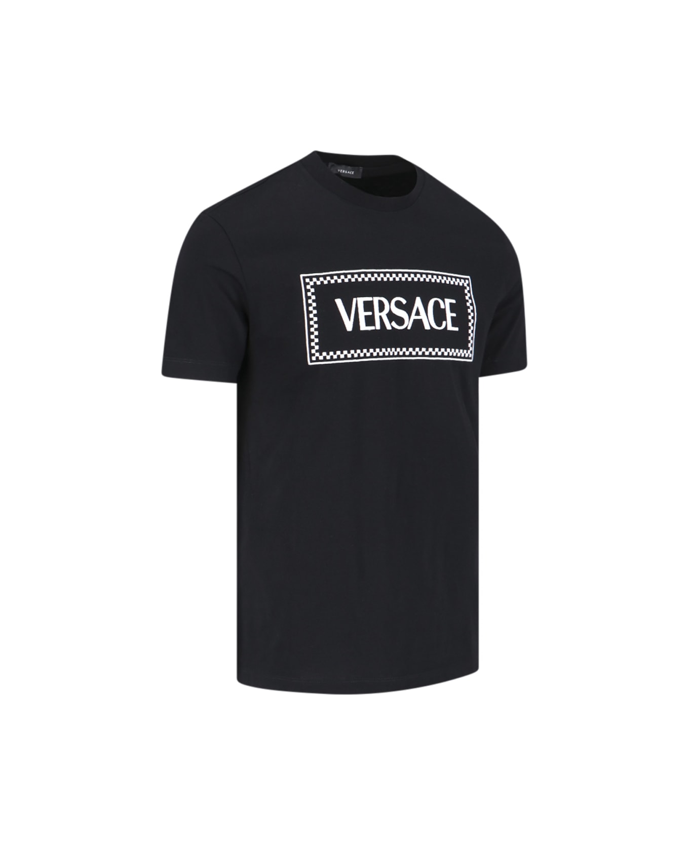 Versace Black Crewneck T-shirt With Contrasting Logo Lettering Print In Cotton Man - Black