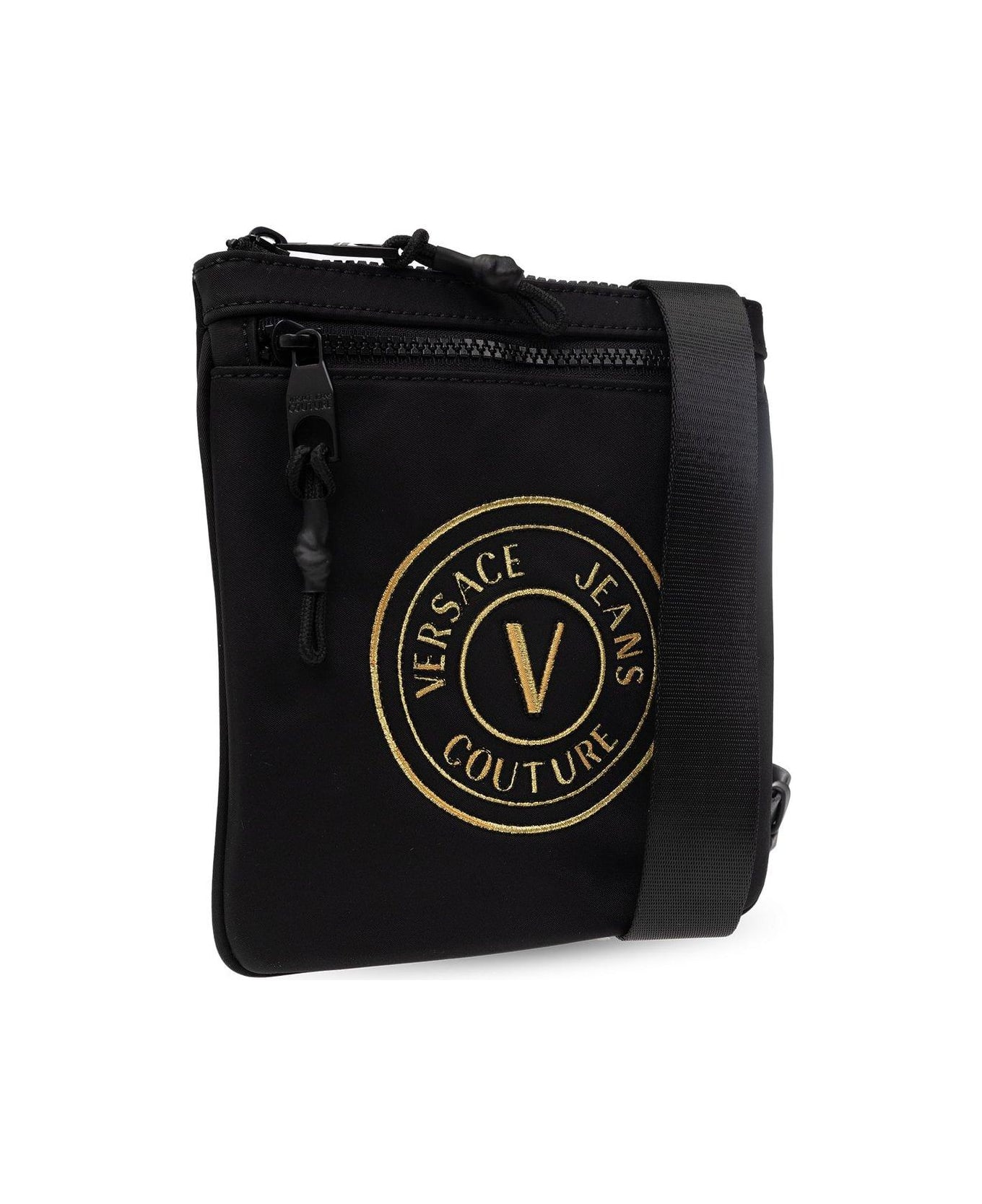 Versace Jeans Couture Logo Embroidered Zipped Messenger Bag - Black