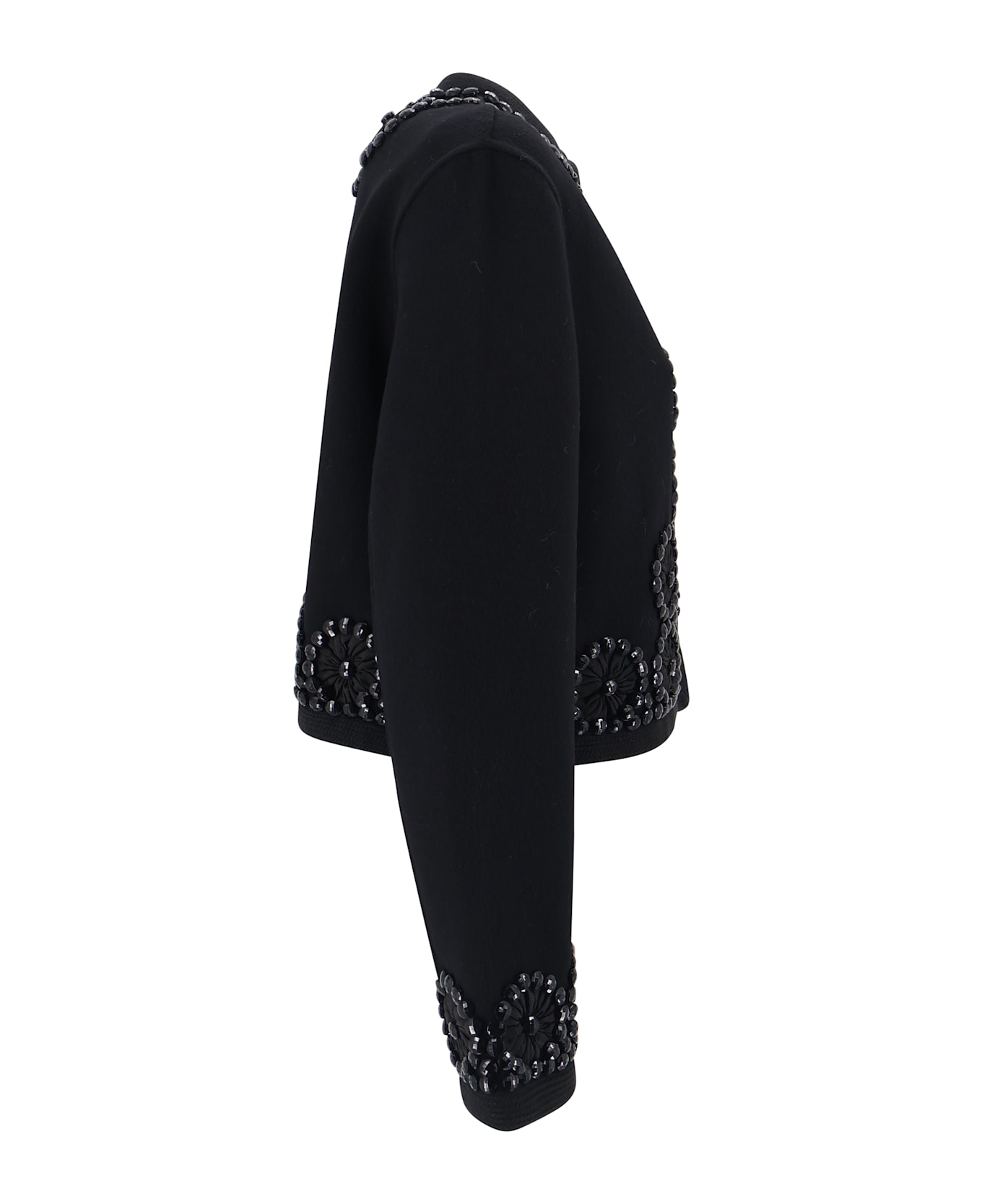Parosh Cropped Wool Coat With Floral Embroidery And Beading - Black