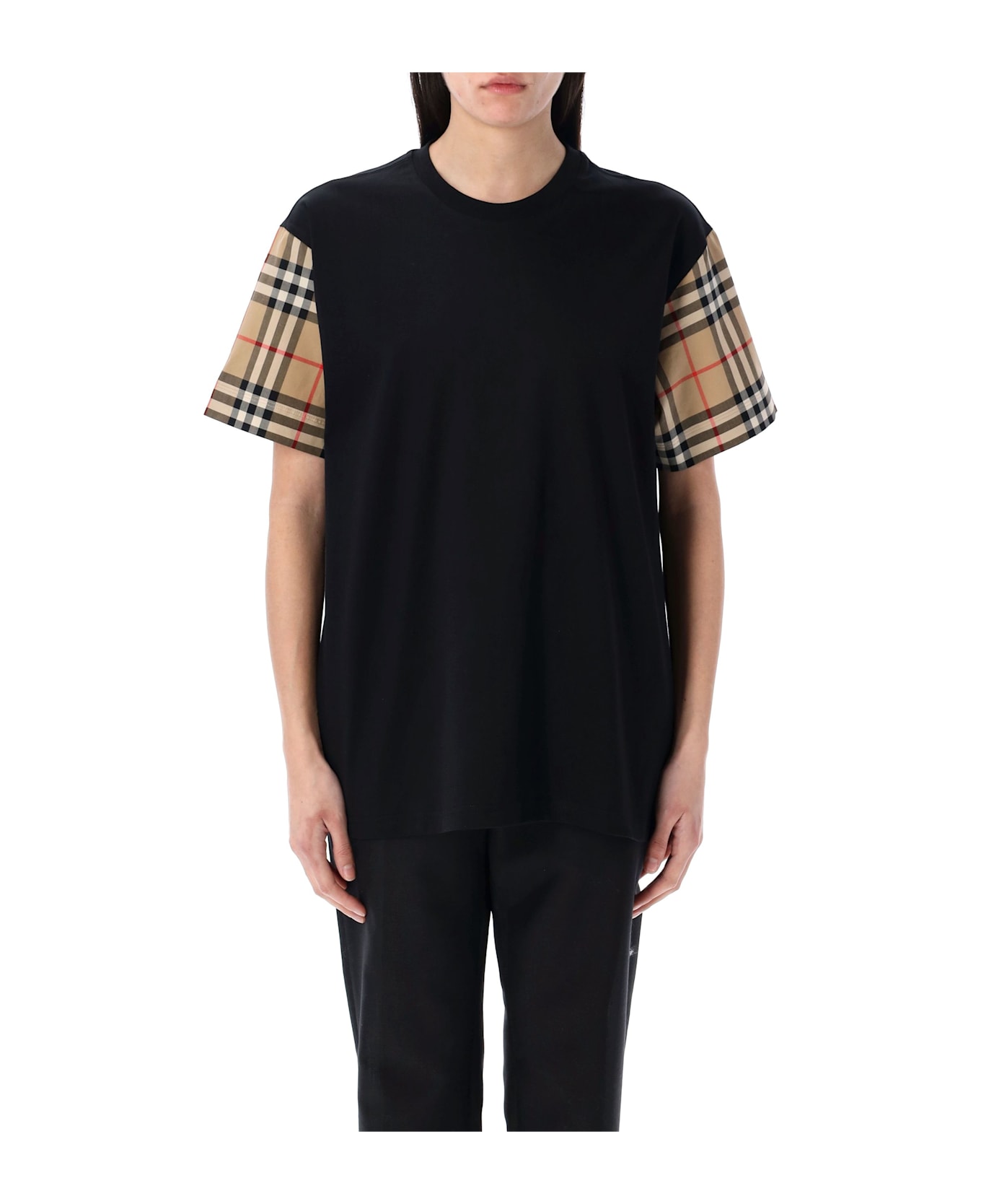 Burberry London Check Sleeve Cotton T-shirt - BLACK