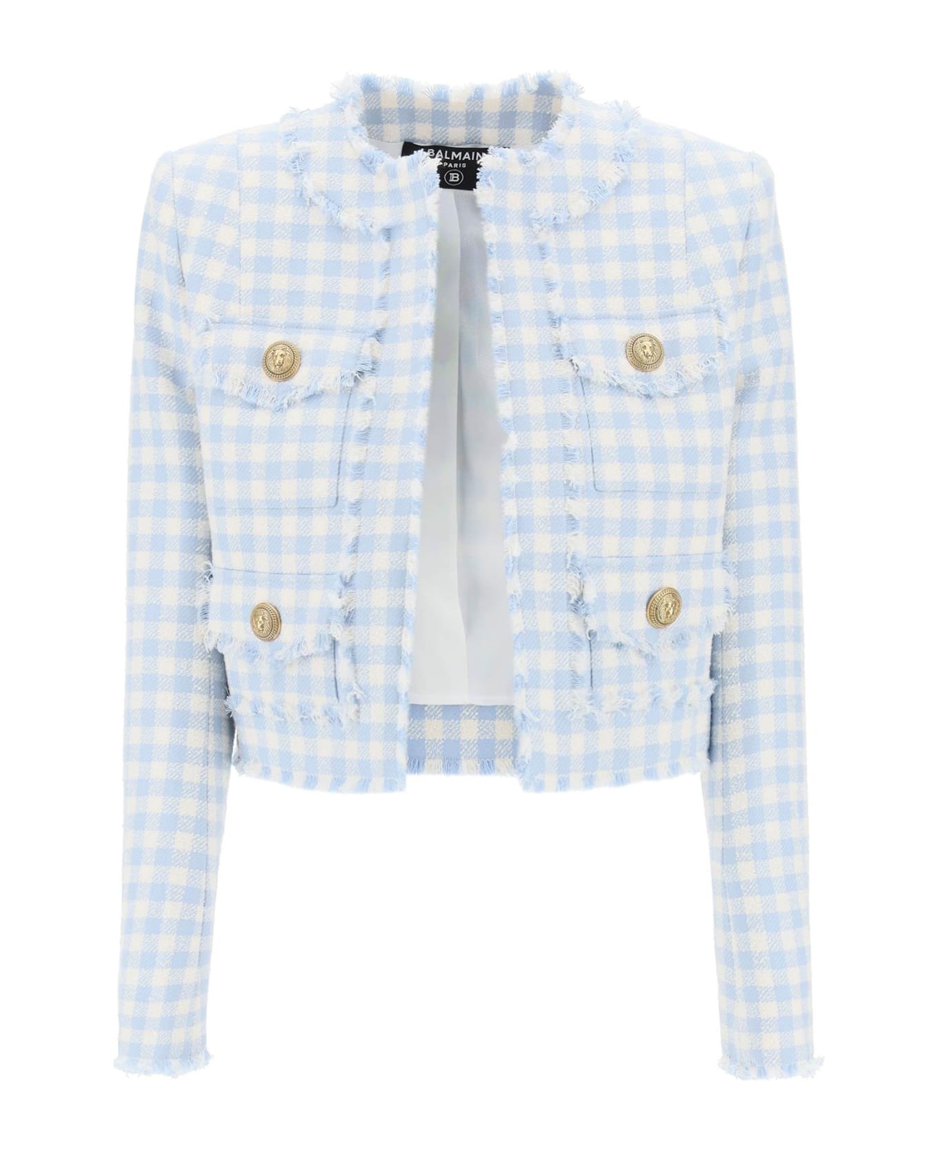 Balmain Bolero Jacket In Tweed With Gingham Pattern - Bleu pale/blanc