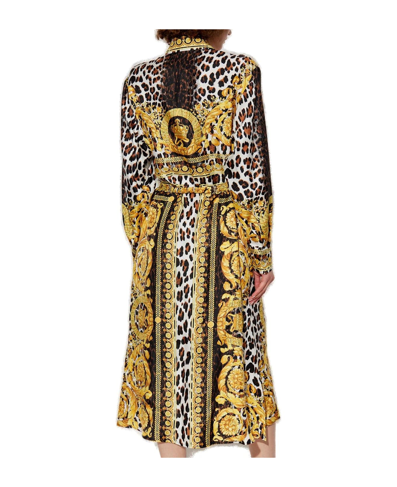 Versace Wild Barocco Foulard Long-sleeved Shirt Dress - Golden