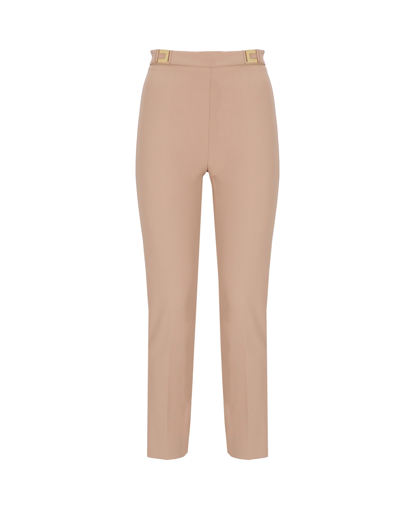 Elisabetta Franchi Straight Crepe Trousers With Logo Plaques - Nude
