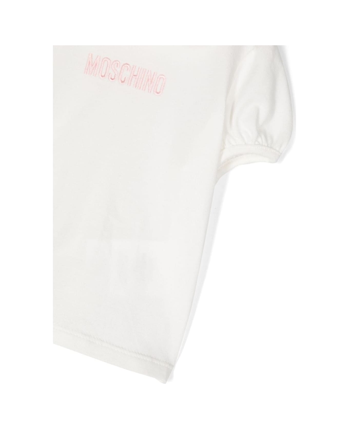 Moschino Pink Striped Overalls With Teddy Bear In Stretch Cotton Baby - White