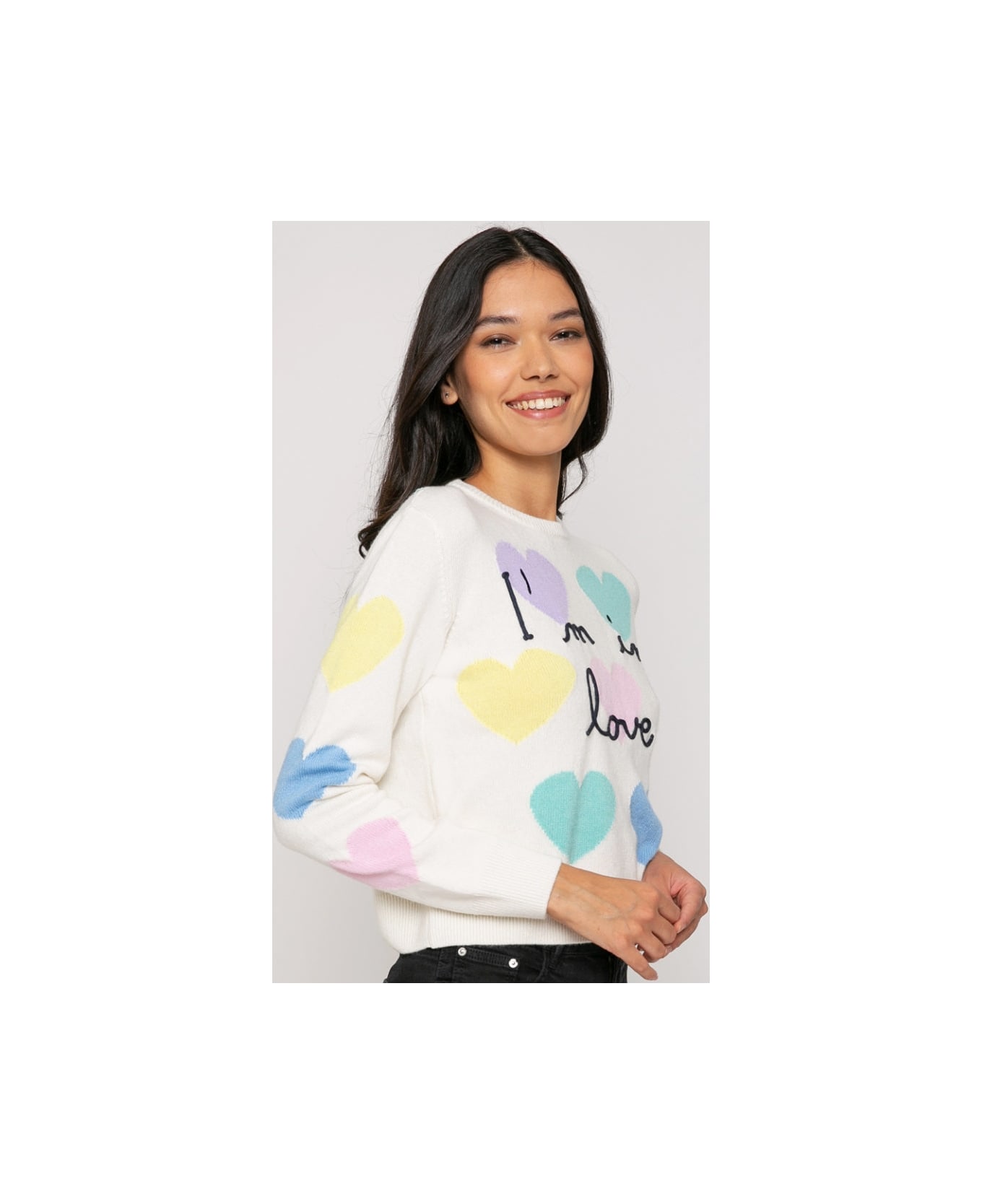MC2 Saint Barth Woman Sweater With Hearts Print And I'm In Love Embroidery - WHITE