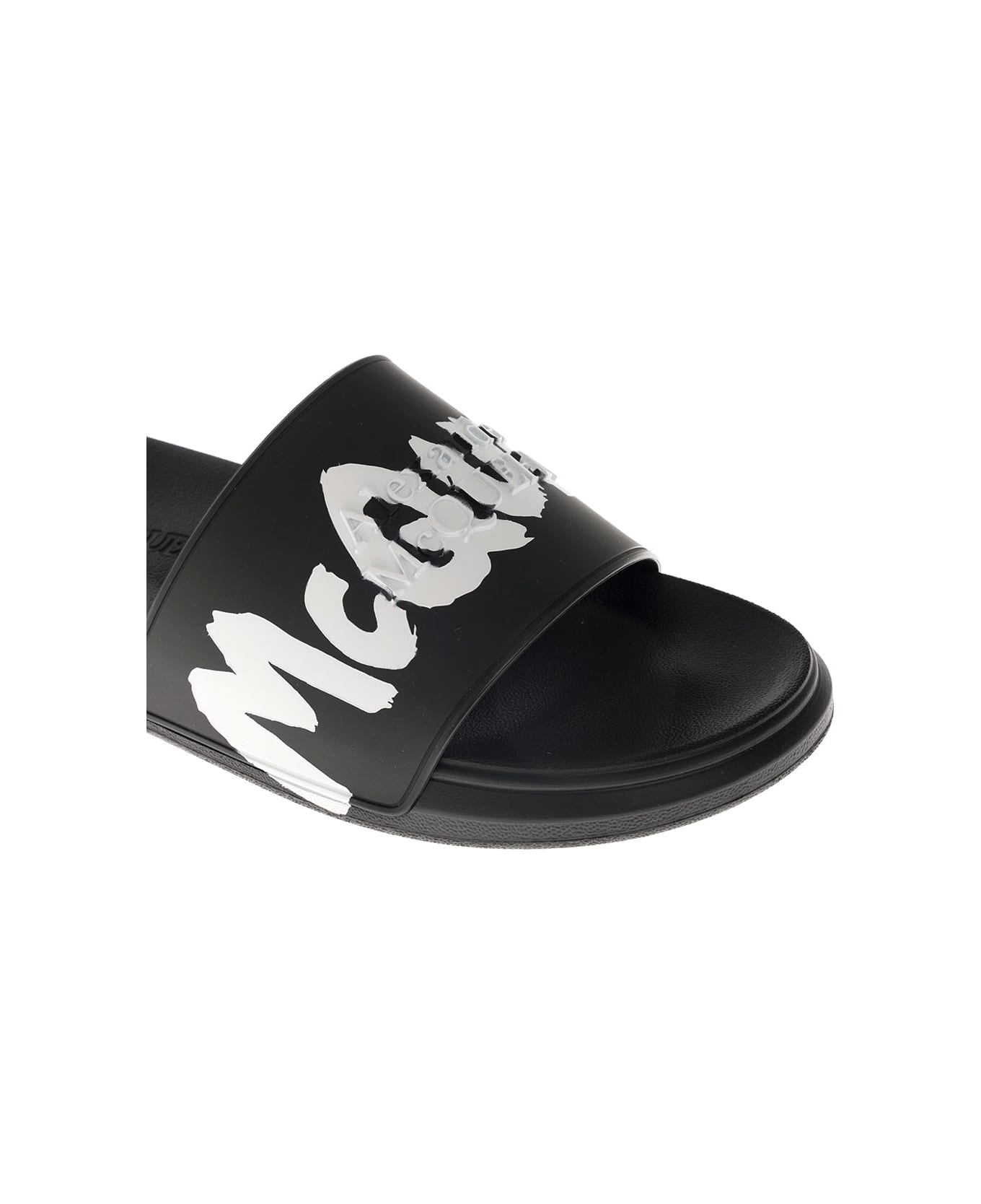 Alexander McQueen Black Rubber Slide Sandals With Logo - Black