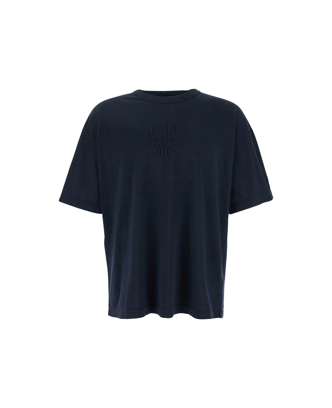 C.P. Company Blue T-shirt With Logo Embroidered On The Front Tone-on-tone In Cotton Man - Blu