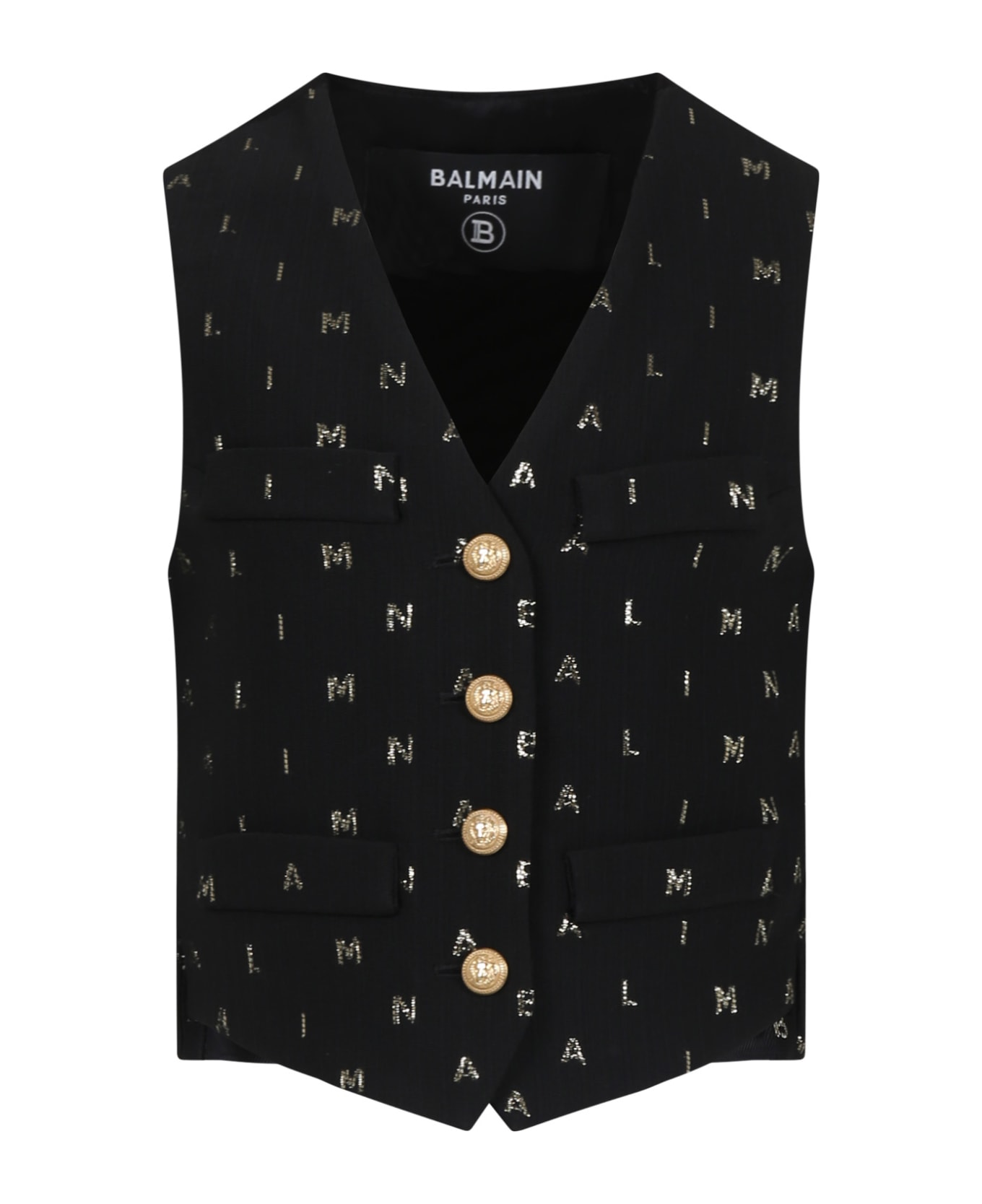 Balmain Black Waistcoat For Boy With All-over Logo - Black