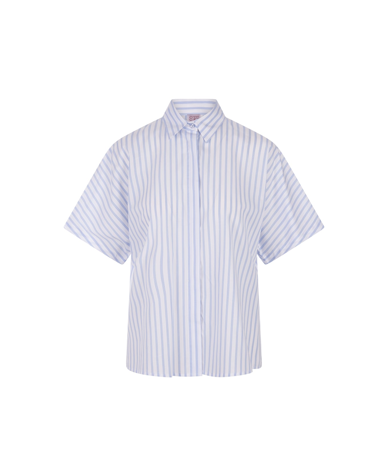 Stella Jean White And Blue Striped Shirt With Short Sleeves - Blue