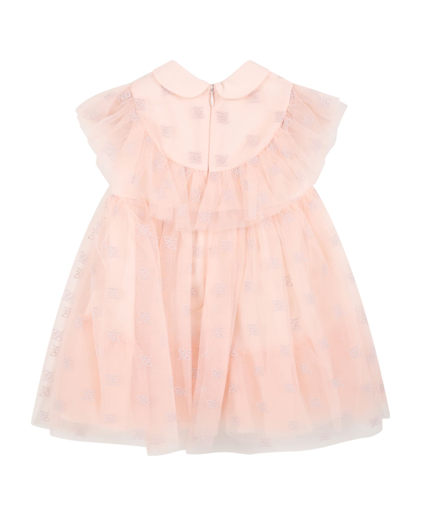 Fendi Pink Dress For Baby Girl With Embroidered Logo - Pink