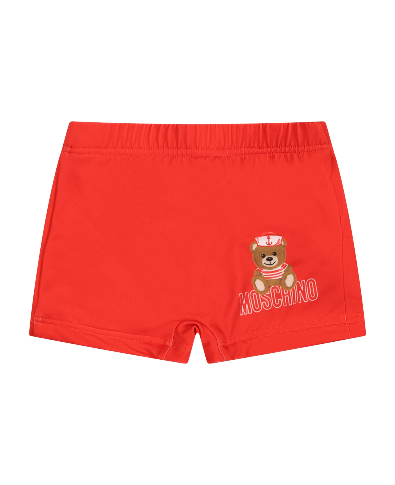 Moschino Red Sea Boxer For Baby Boy With Teddy Bear And Logo - Red