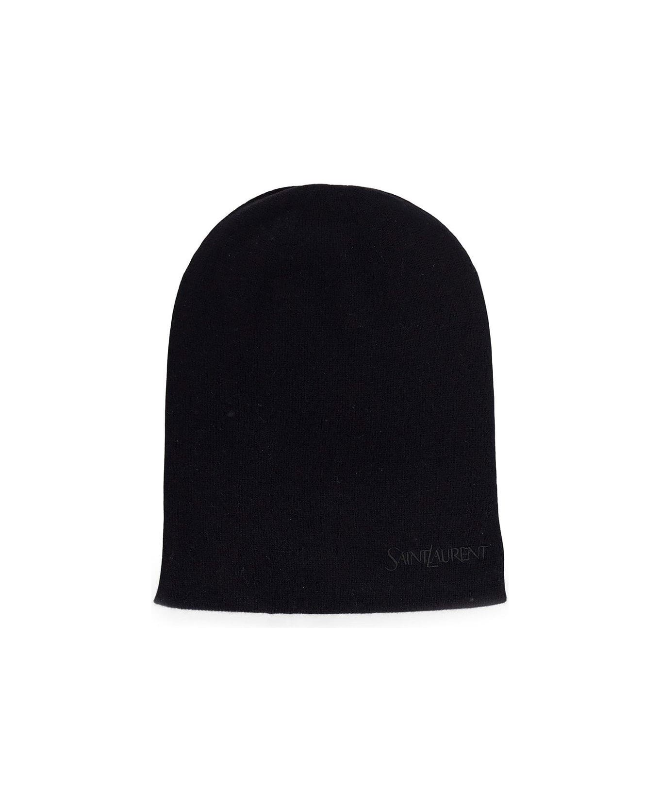 Saint Laurent Logo Embroidered Beanie - Black