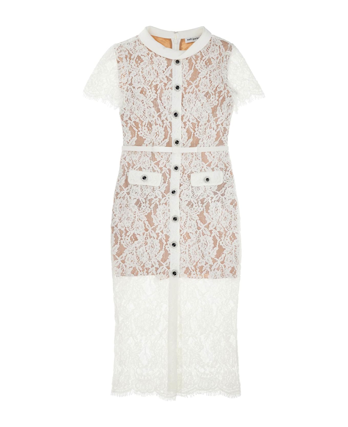 self-portrait White Lace Button Midi Dress - W White