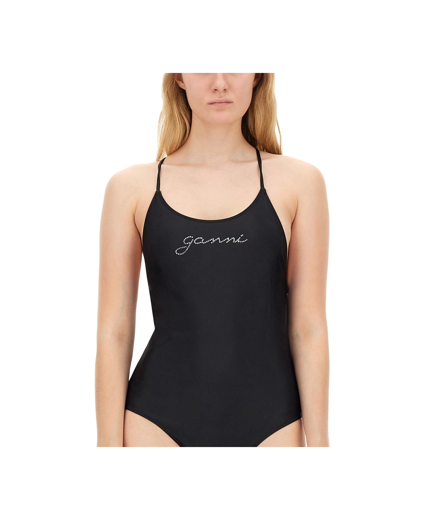 Ganni One Piece Swimsuit With Logo - Nero