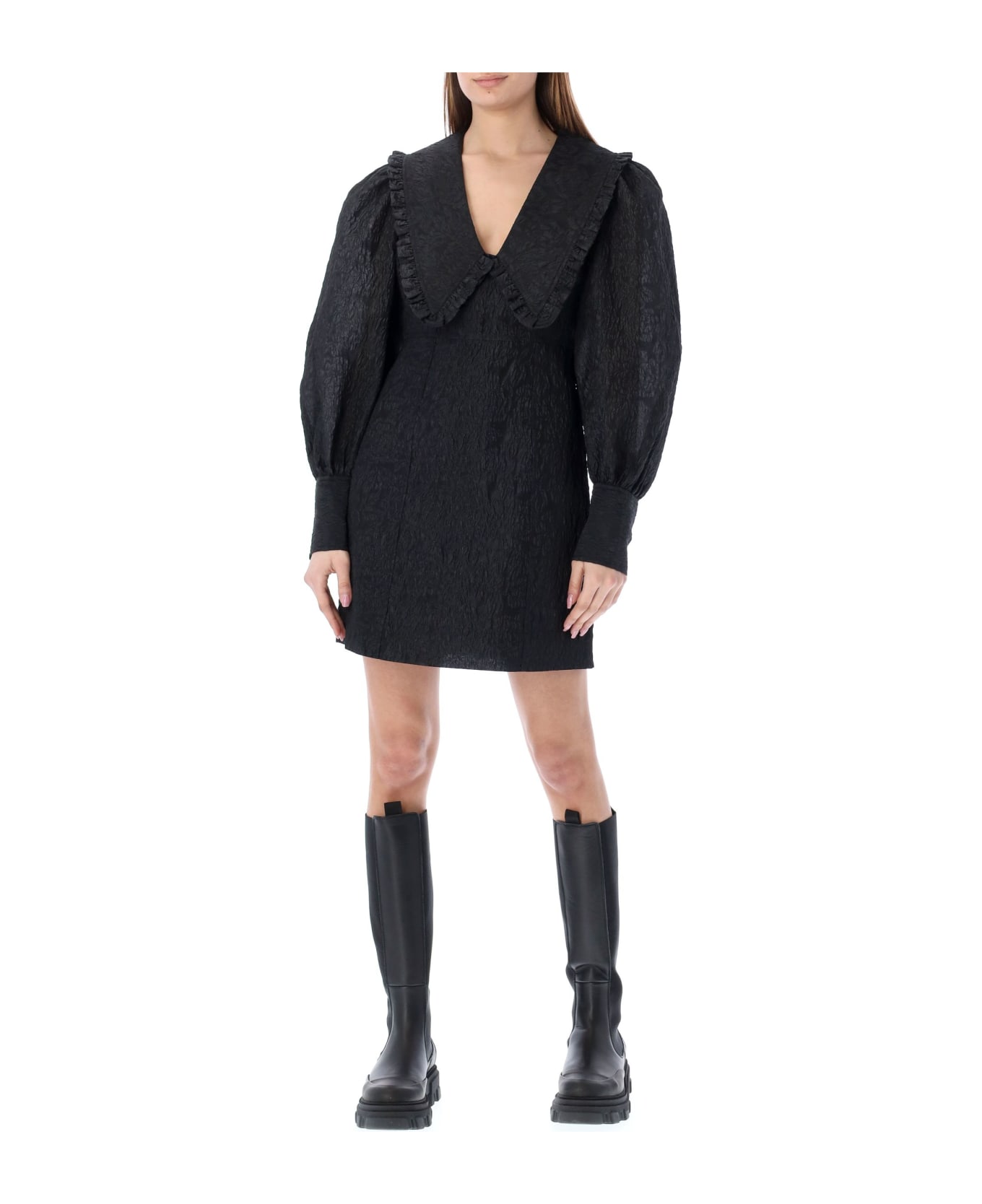 Ganni Jacquard Organza V-neck Ruffle Collar Dress - BLACK
