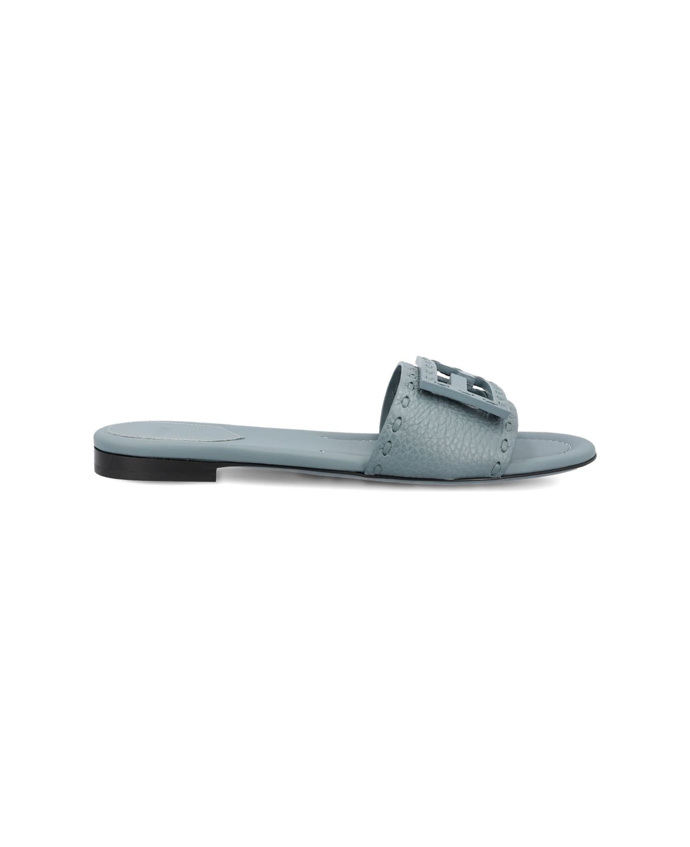 Fendi Baguette Leather Slides - Grey