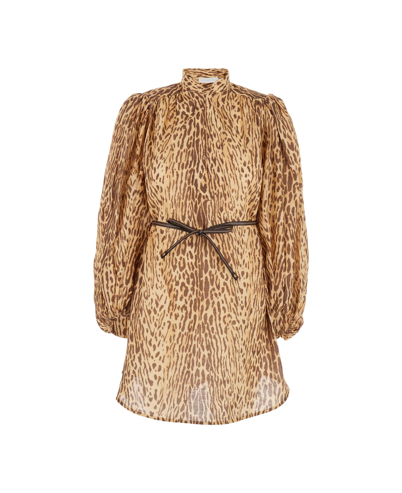 Zimmermann 
cascadian
 Beige Tunic Dress With Stand-up Collar And All-over Leopard Print In Linen Woman - Beige