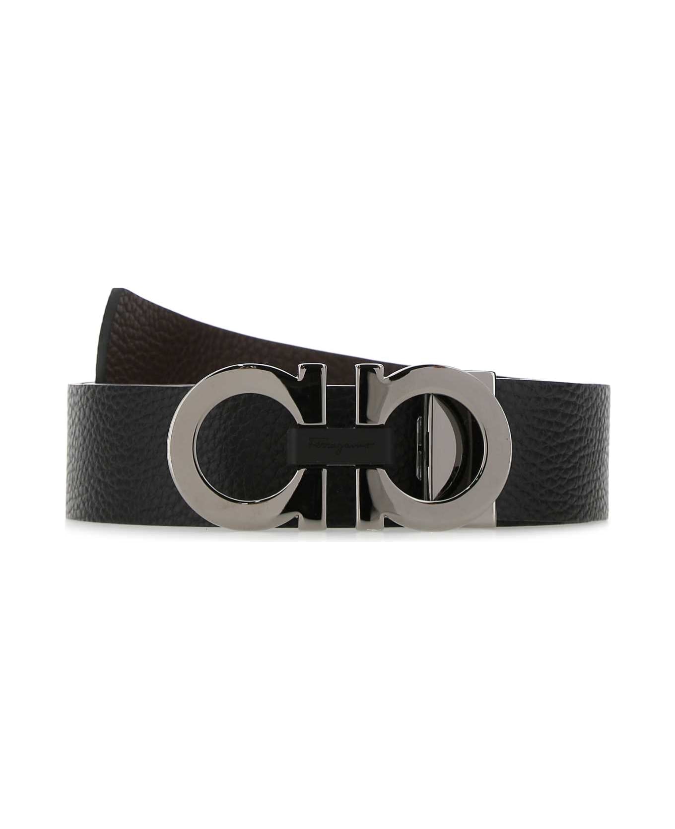 Ferragamo Black Leather Reversible Belt - NEROHICKORY