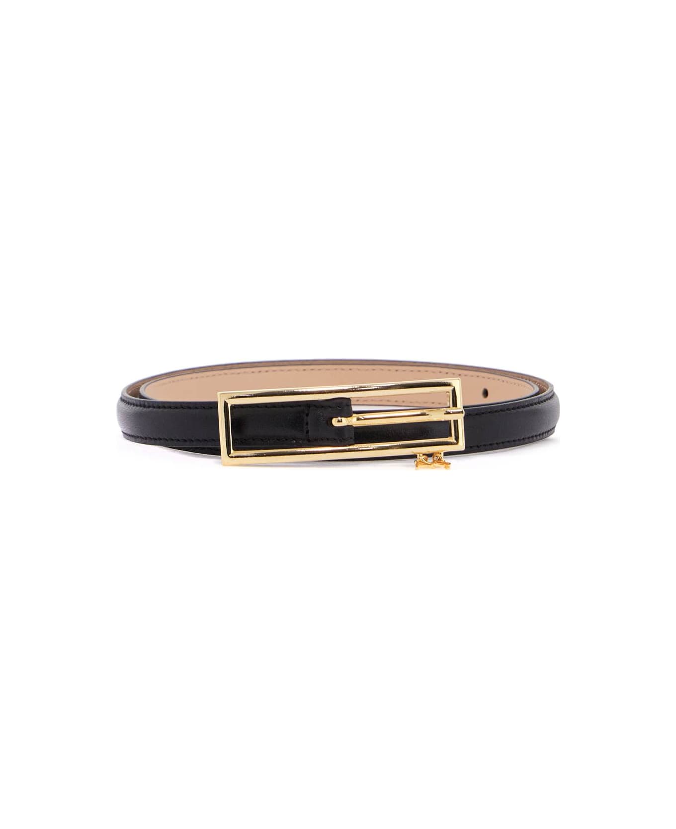 Alessandra Rich Slim Black Leather Belt With Logo Charm And Brass Buckle 1.5 Cm - BLACK (Black)