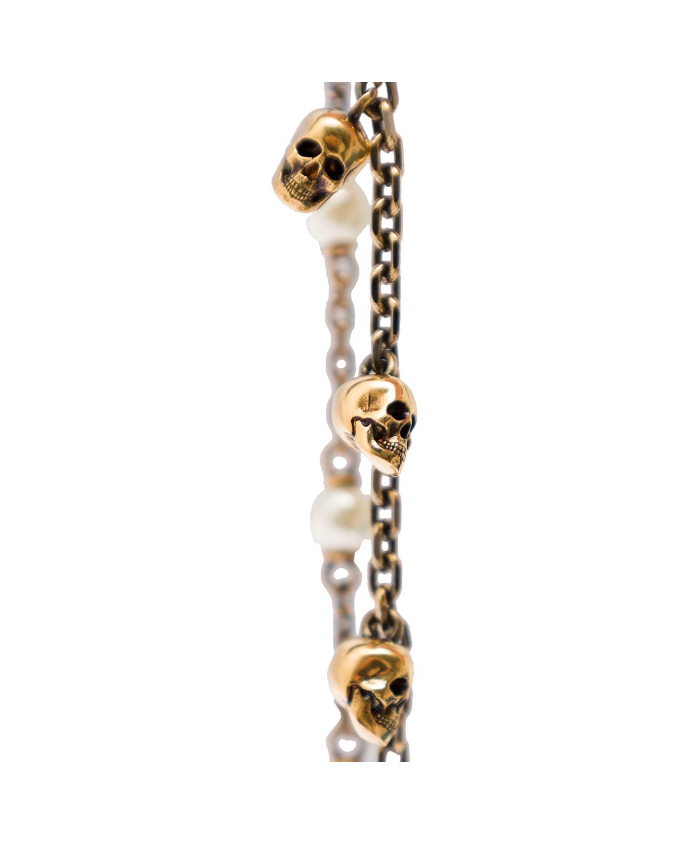 Alexander McQueen Antique Gold-finished Double-chain Bracelet With Skull And Pearl-like Charm In Brass Woman - Metallic