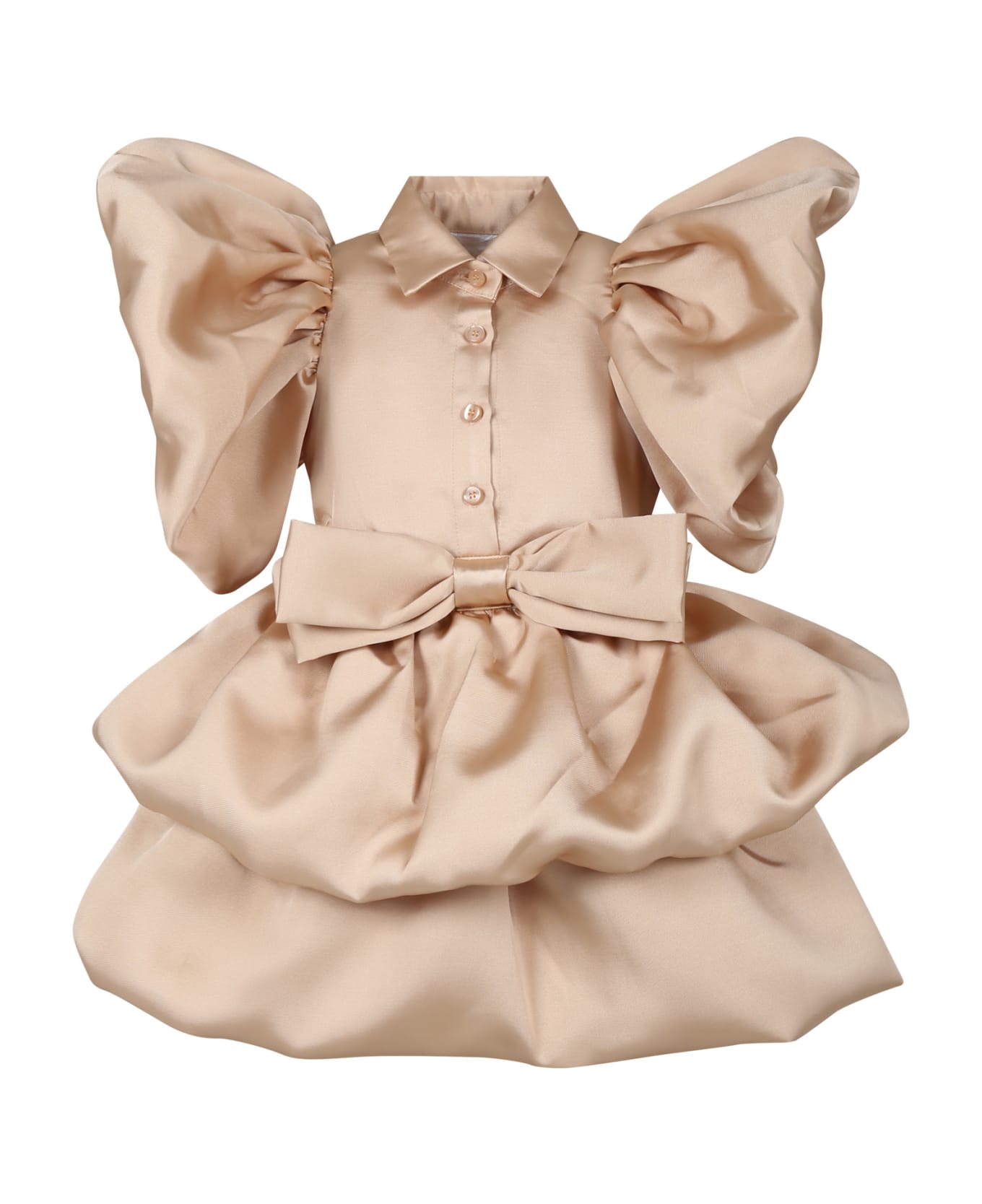 Caroline Bosmans Beige Dress For Girl With Ruffles And Bow - Beige
