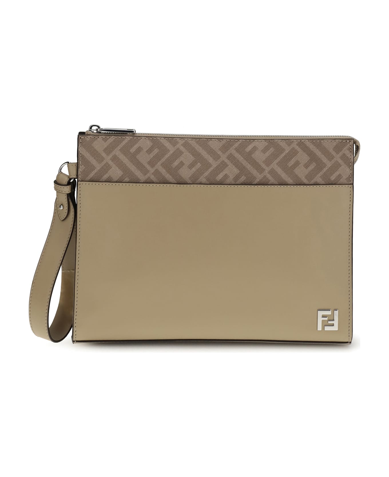 Fendi Leather And Ff Canvas Clutch