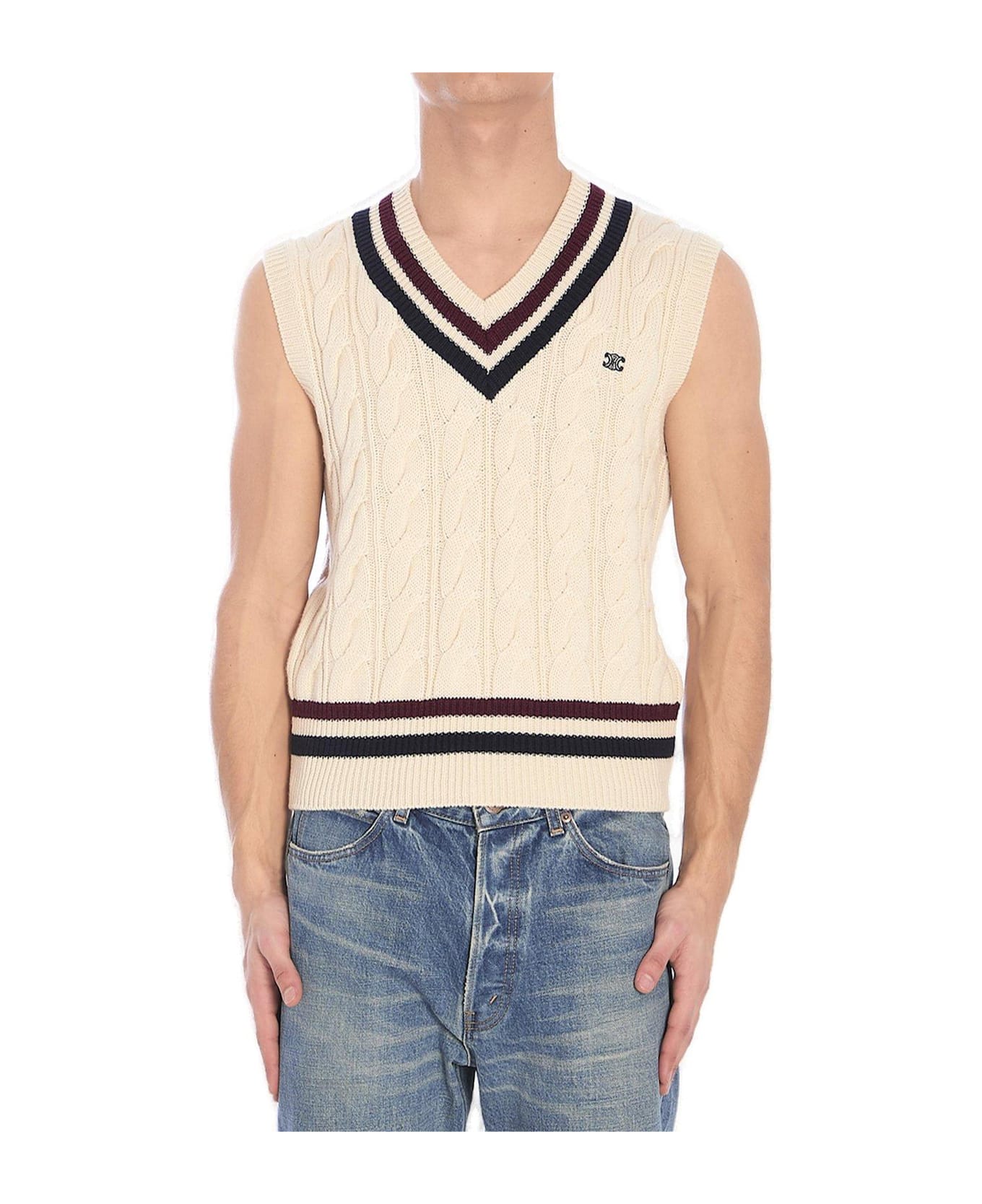 Celine Triomphe V-neck Cable-knit Vest - ECRU/BURGUNDY/NAVY