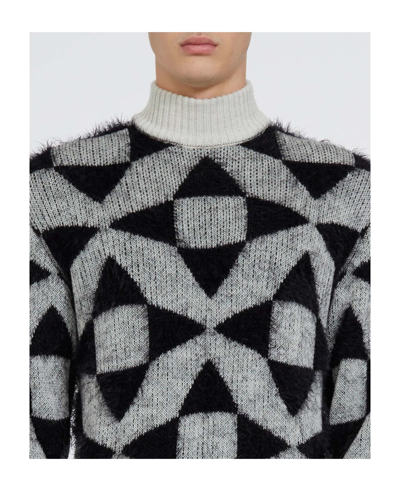 John Richmond Half High-neck Sweater With Front Print. - Bianco/Nero