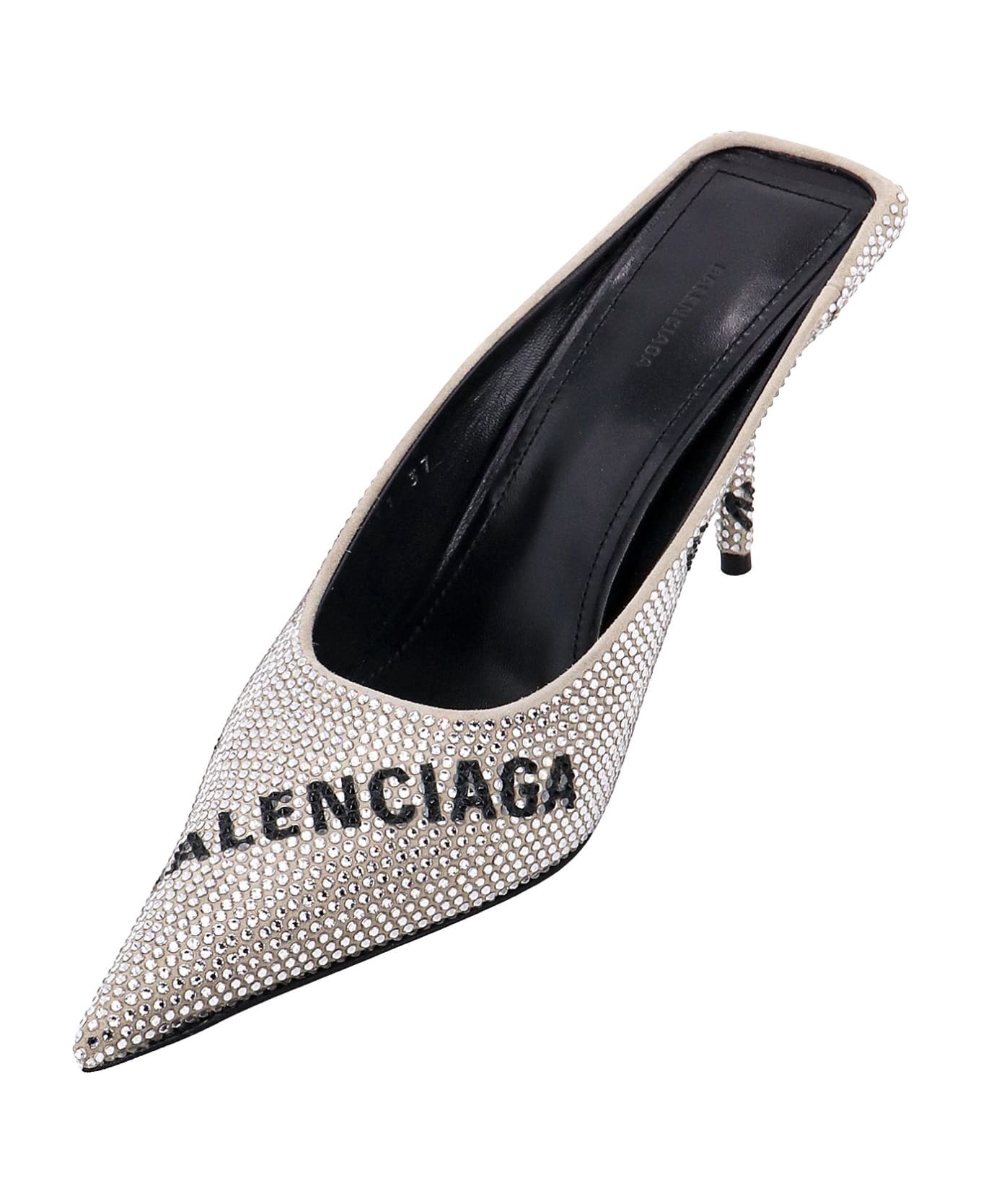Balenciaga Embellished Suede Square Knife Mules - Silver