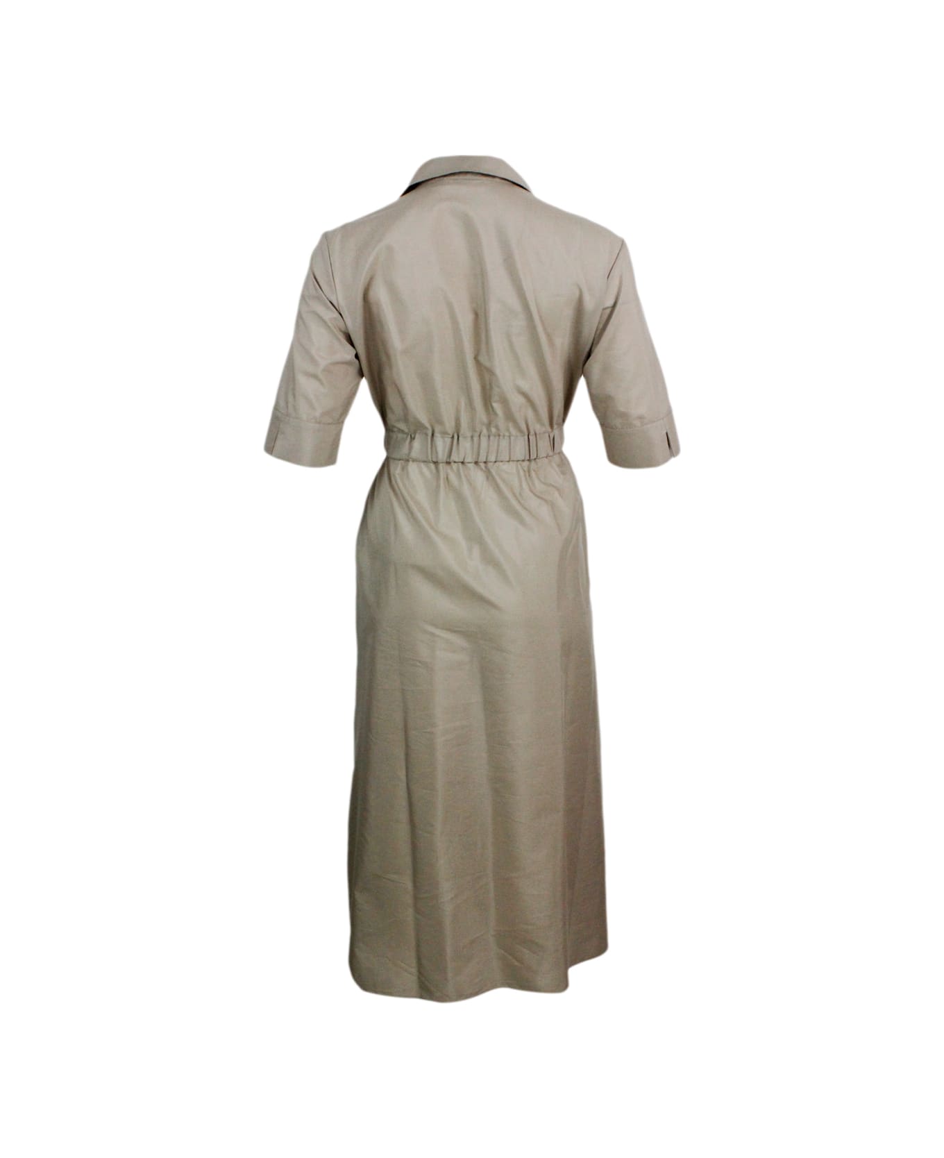 Barba Napoli Long Dress Made Of Cotton With Short Sleeves, With Elastic Waist And Button Closure. Welt Pockets - Beige