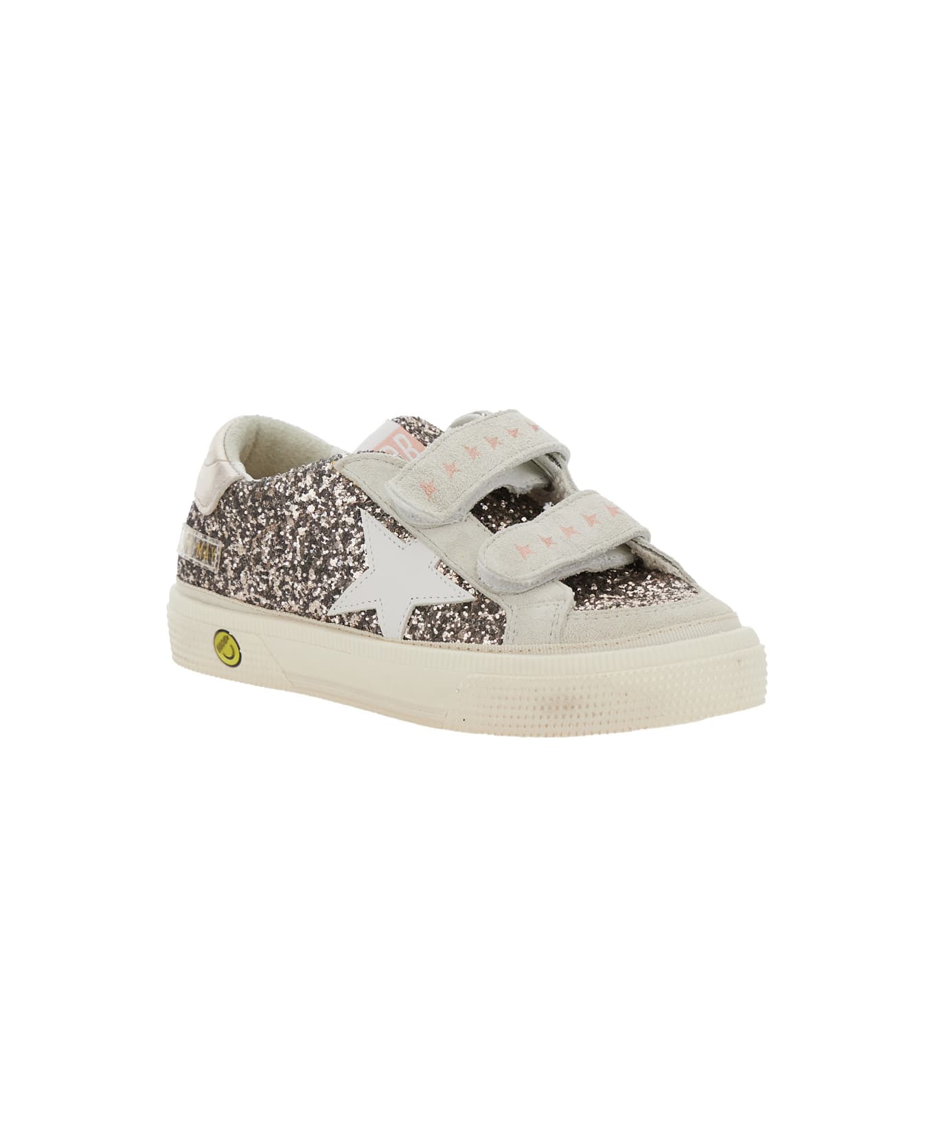 Golden Goose 
may School
 Grey Glittered Low Top Sneakers With Star Patch On The Side In Leather Blend Girl - Grey