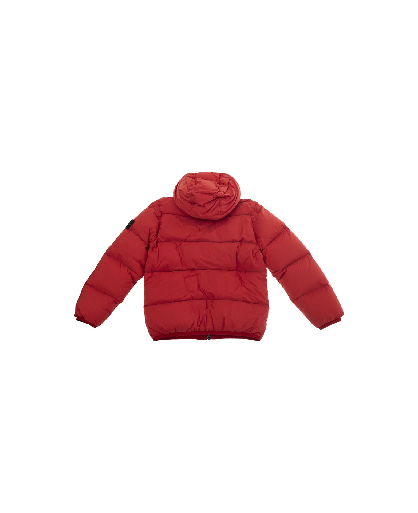 Stone Island Junior Red Hooded Down Jacket With Logo Patch In Tech Fabric Boy - Red