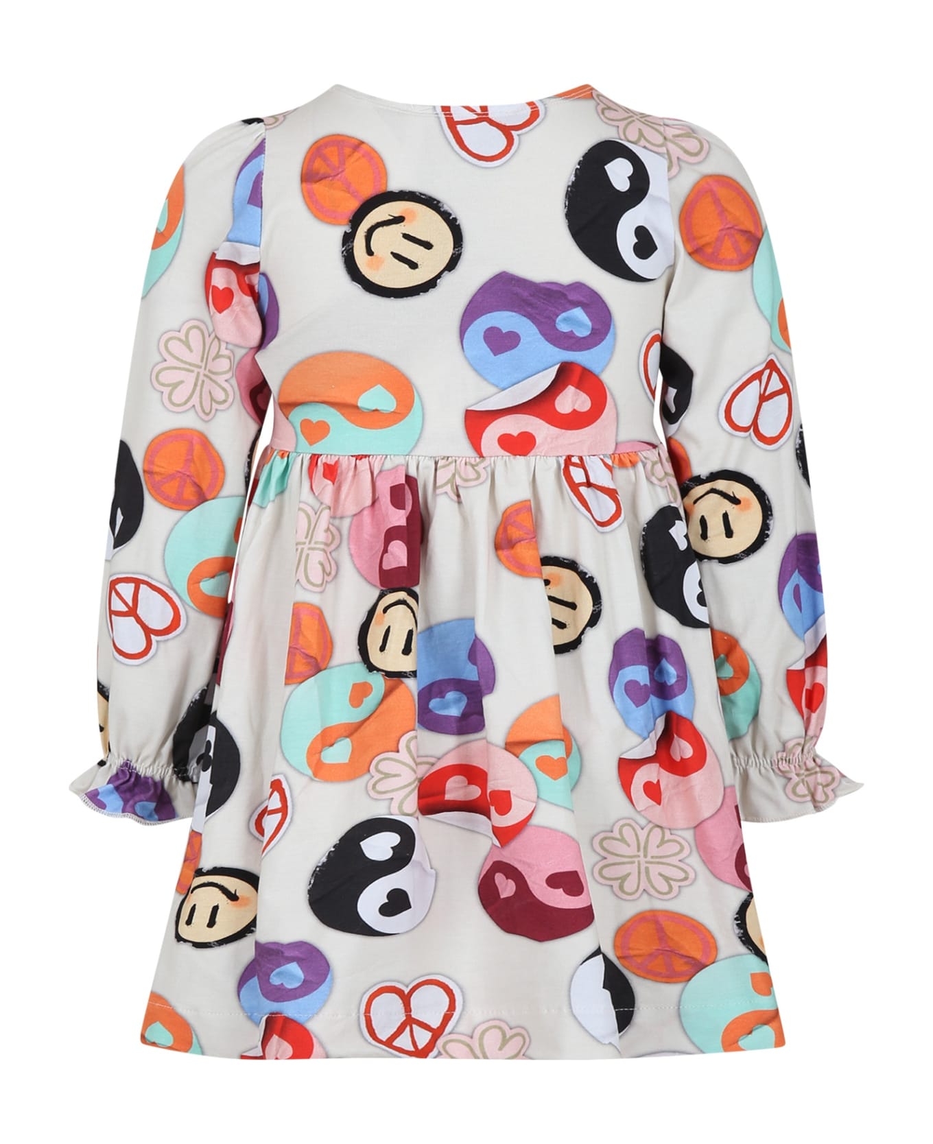 Molo Ivory Dress For Girl With Smiley And Yin And Yang Print - Multicolor