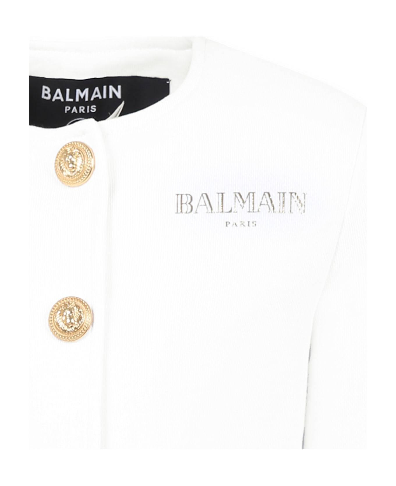 Balmain White Crop Jacket For Girl With Logo - White