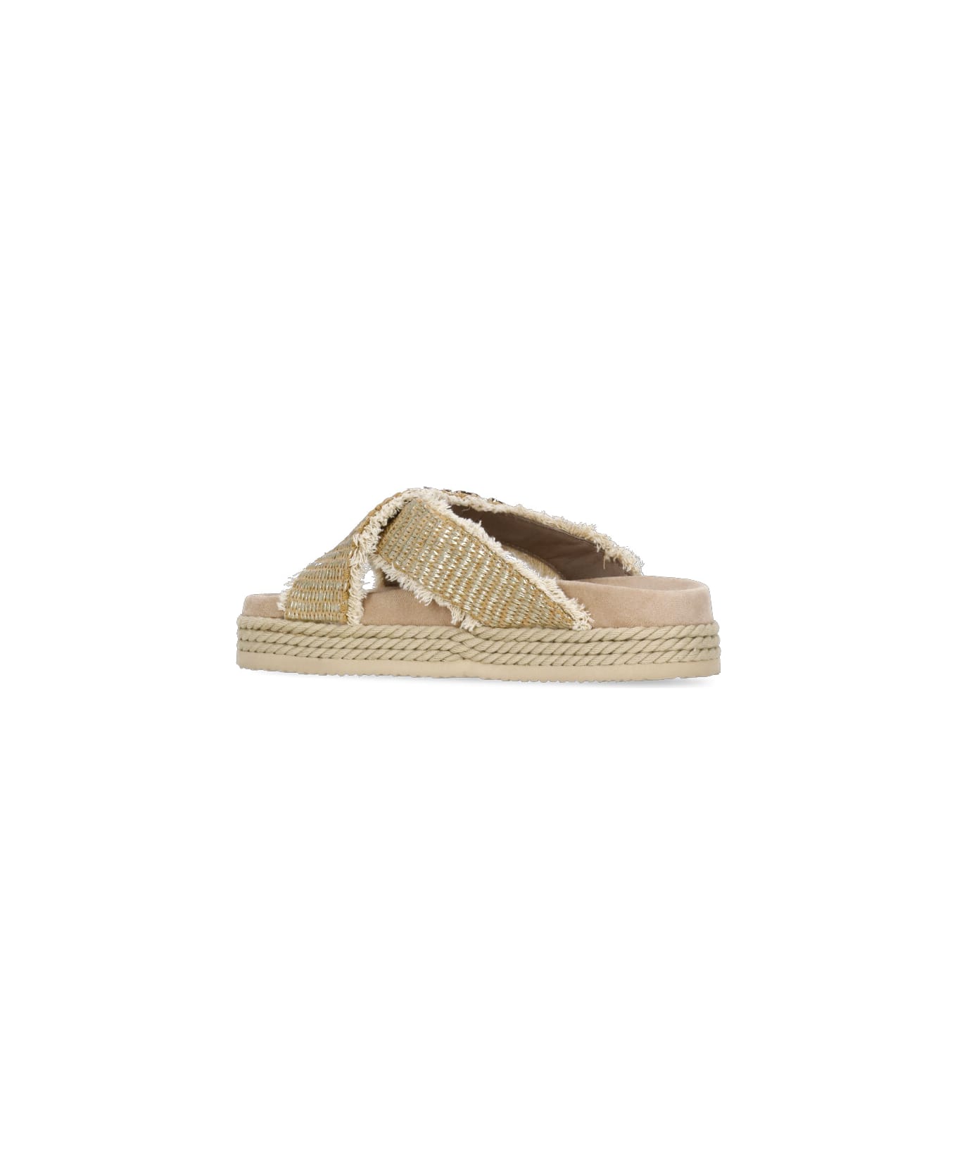 Mou Crisscross Flats In Beige Raffia - Golden