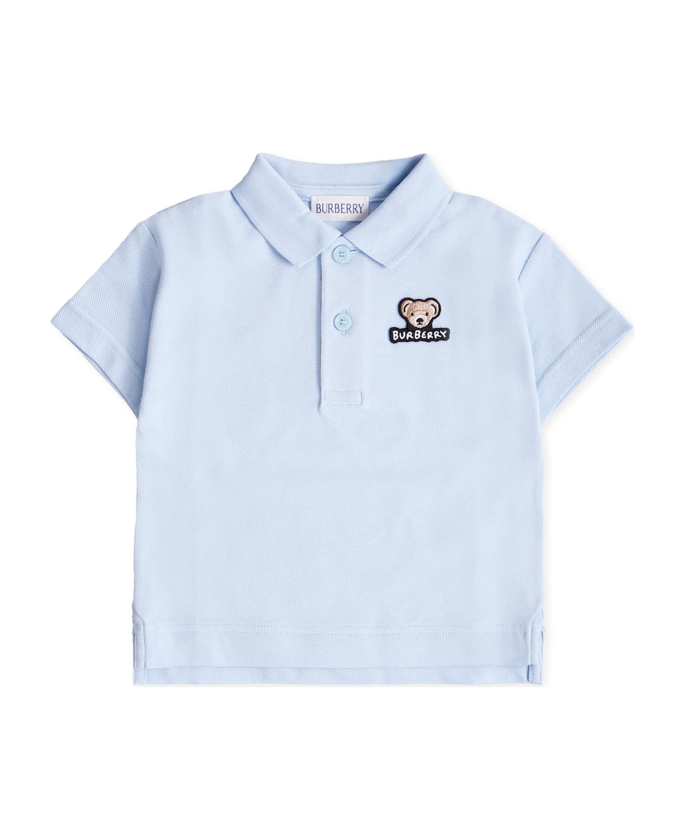 Burberry Light Blue Polo Shirt For Baby Boy With Teddy Bear - Light Blue