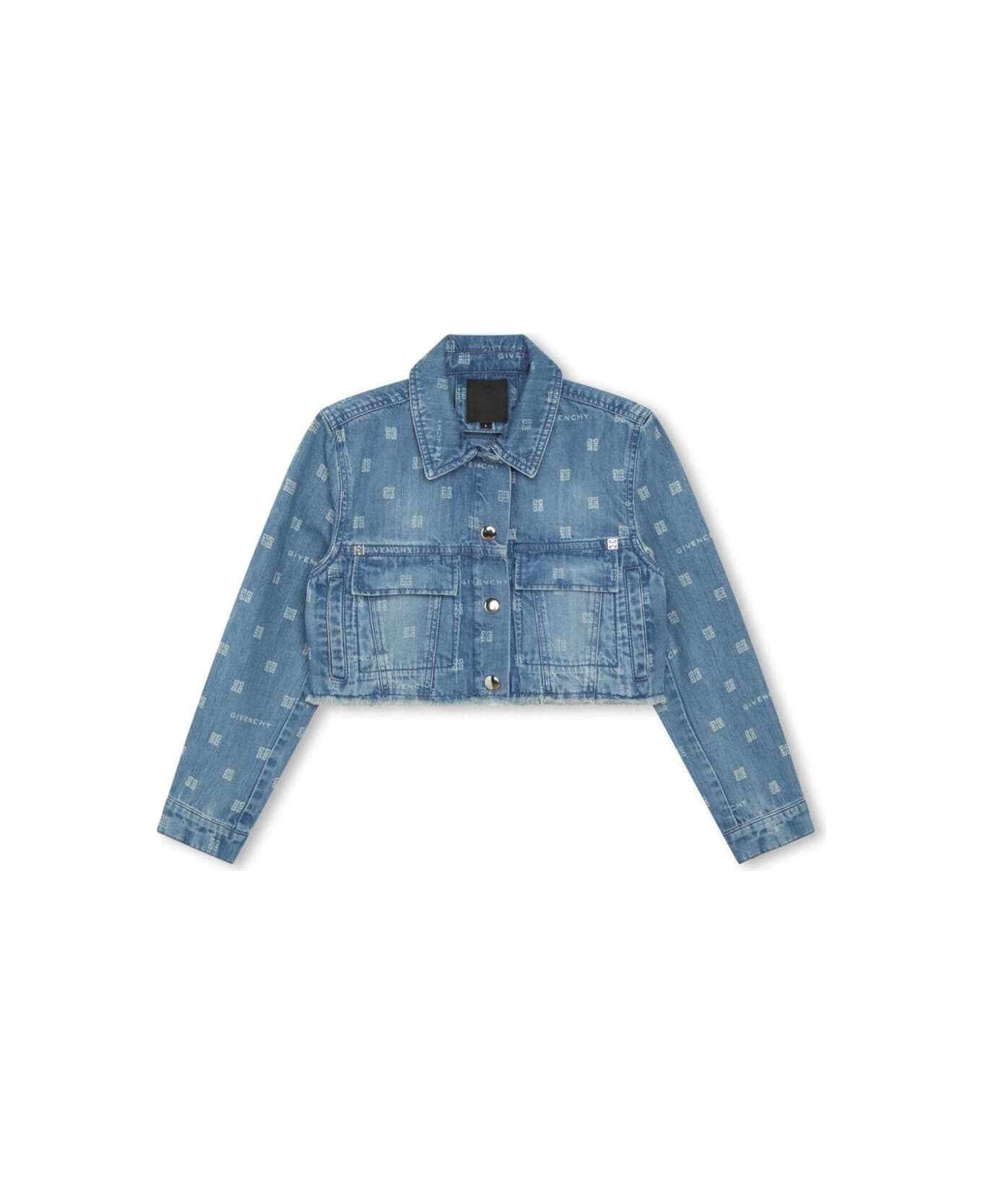 Givenchy Light Blue Crop Jacket With All-over 4g Embroidery In Cotton Denim Girl - Grey