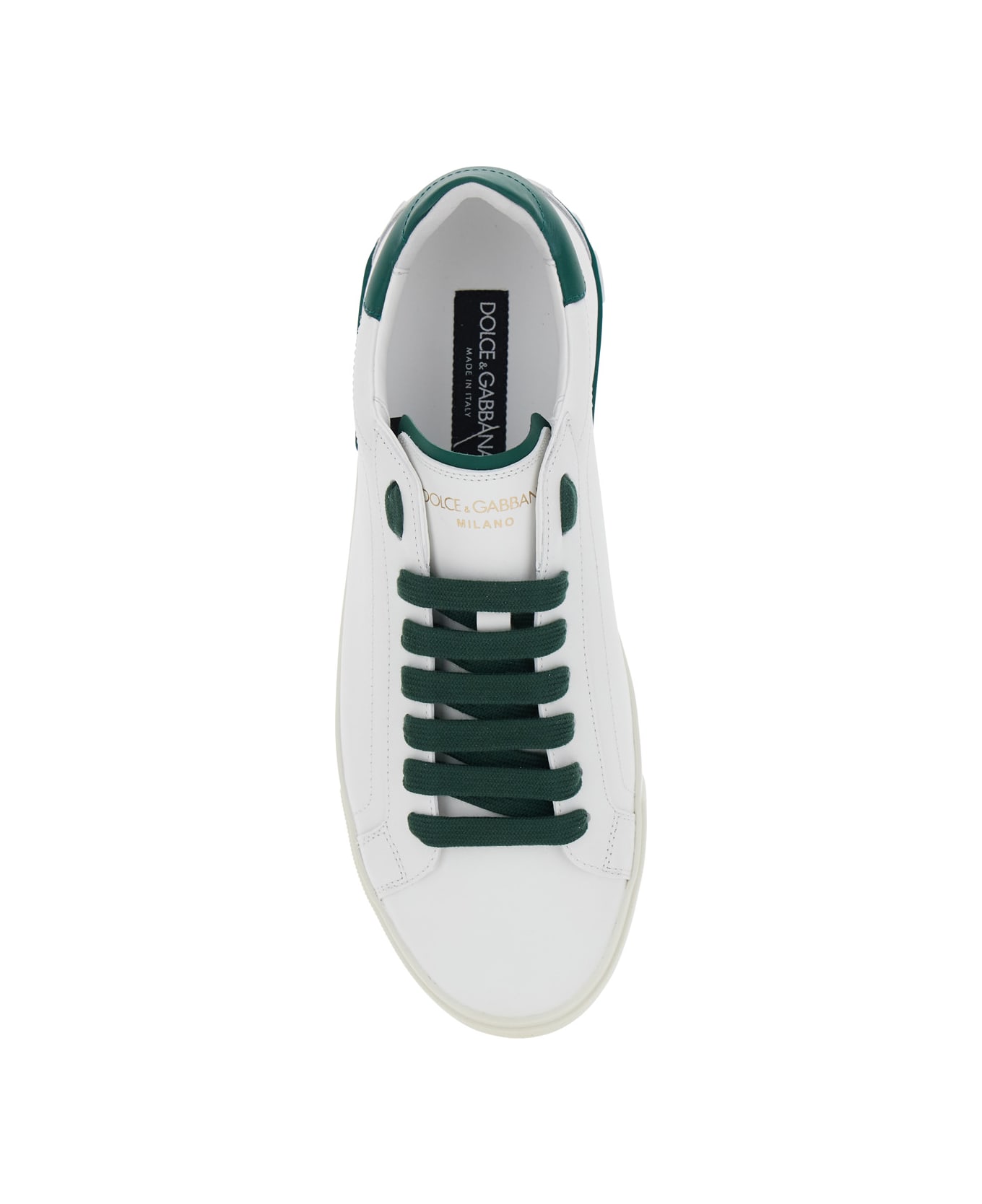 Dolce & Gabbana 'portofino' White And Green Low Top Sneakers With Logo Lettering On Tongue And Rear In Leather Man - White