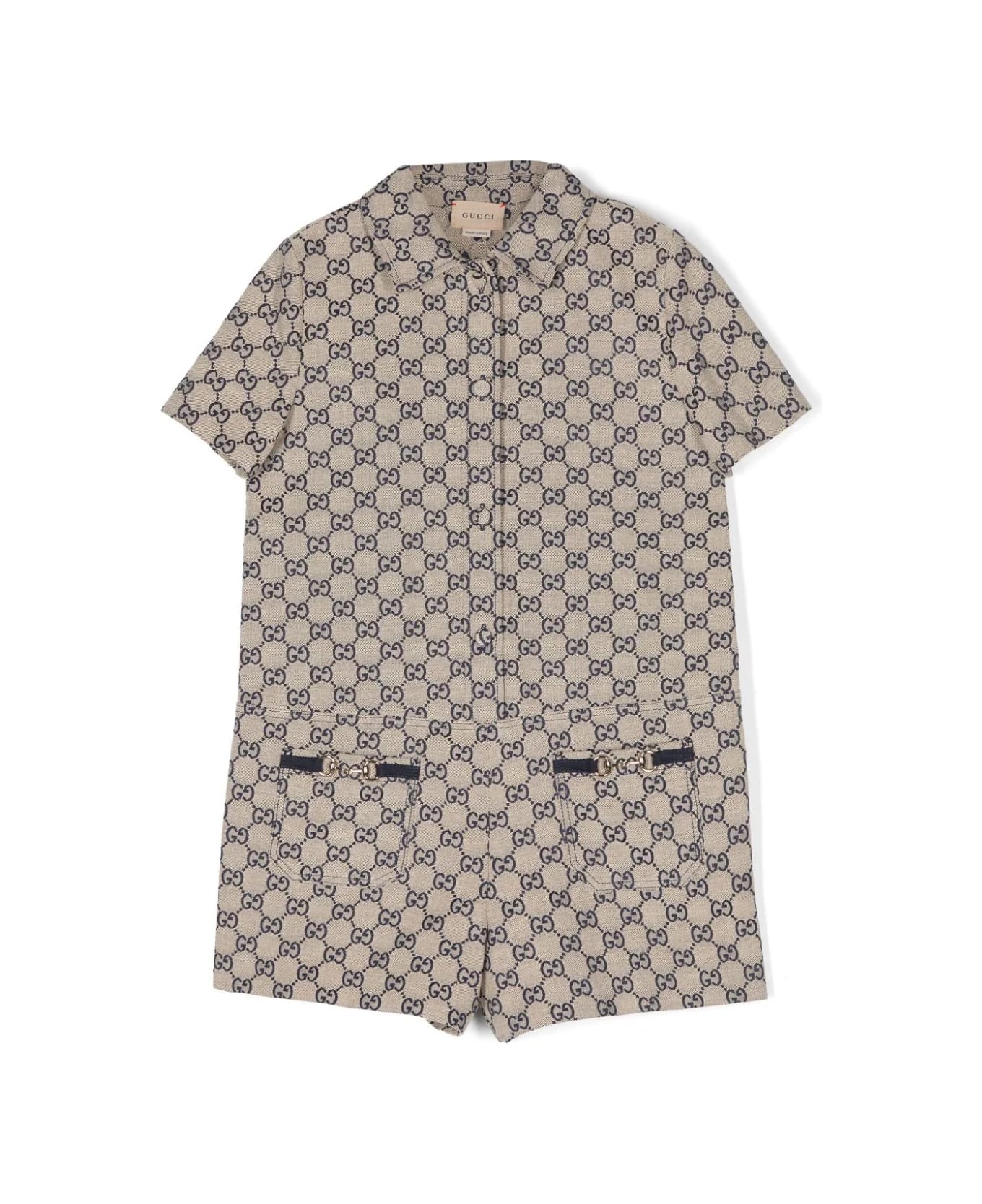 Gucci Gg Fabric Playsuit In Beige And Blue - Brown