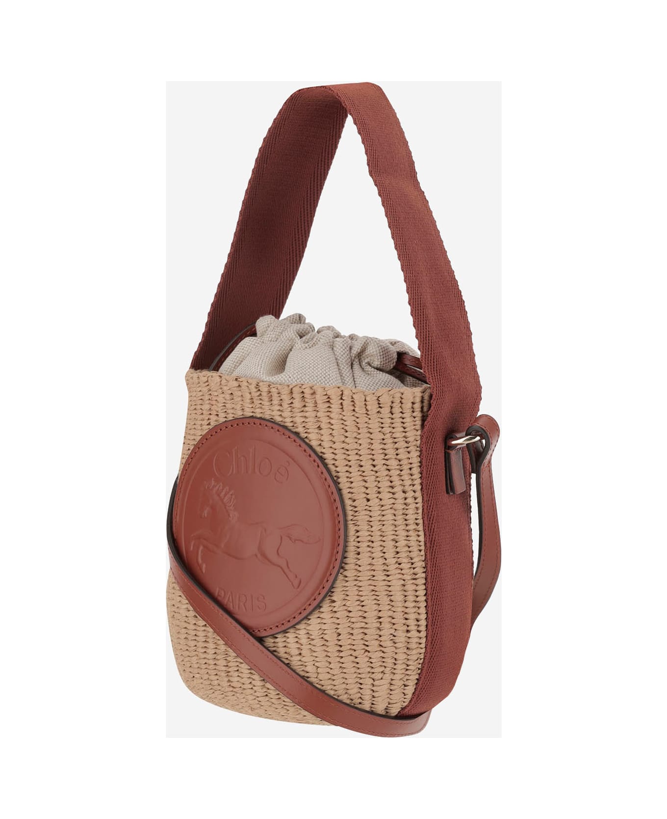 Chloé Small Horse Medal Bag Made Of Natural Fibers - Sepia Brown